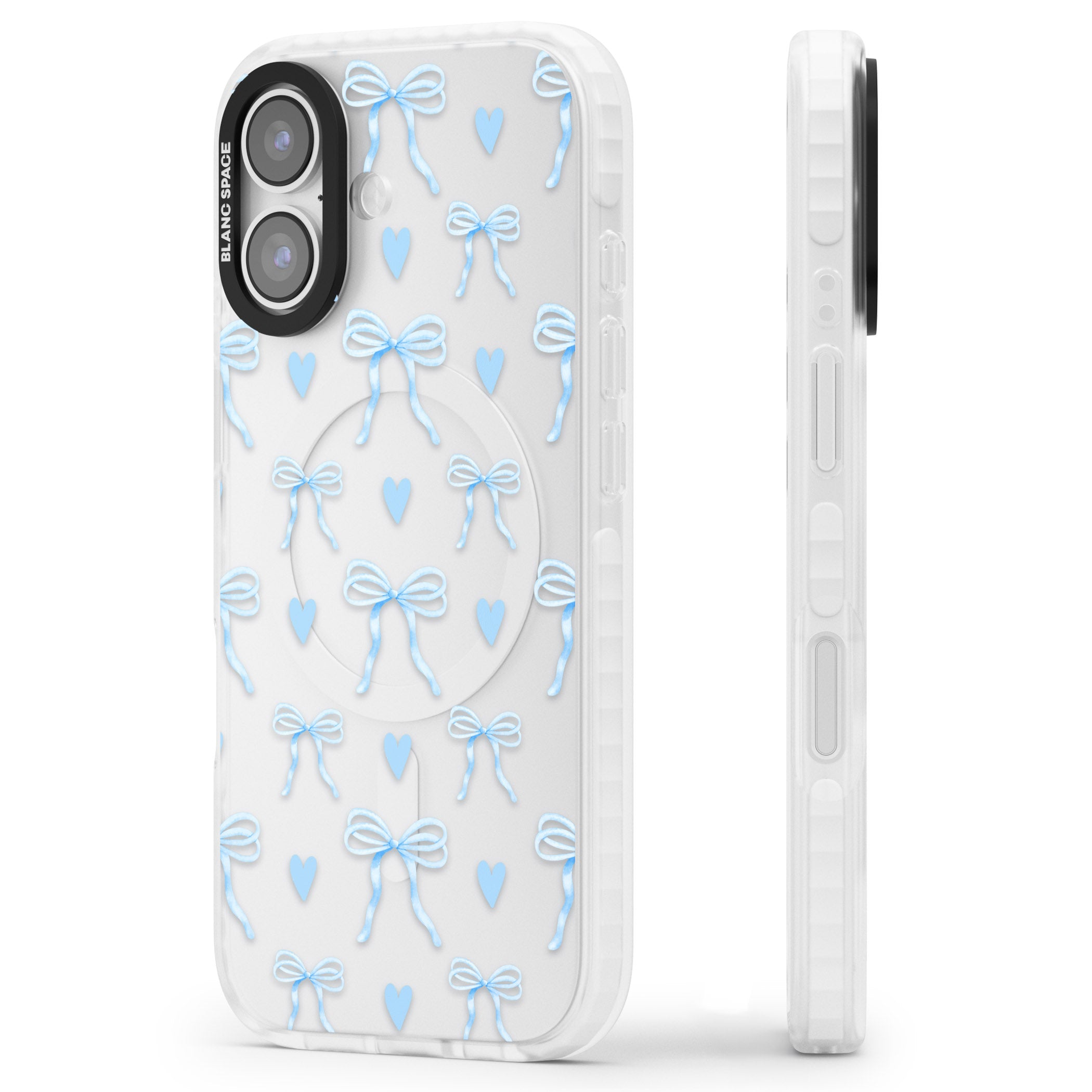 Blue Bows & Hearts iPhone 17 Impact Clear Phone Case Side Profile