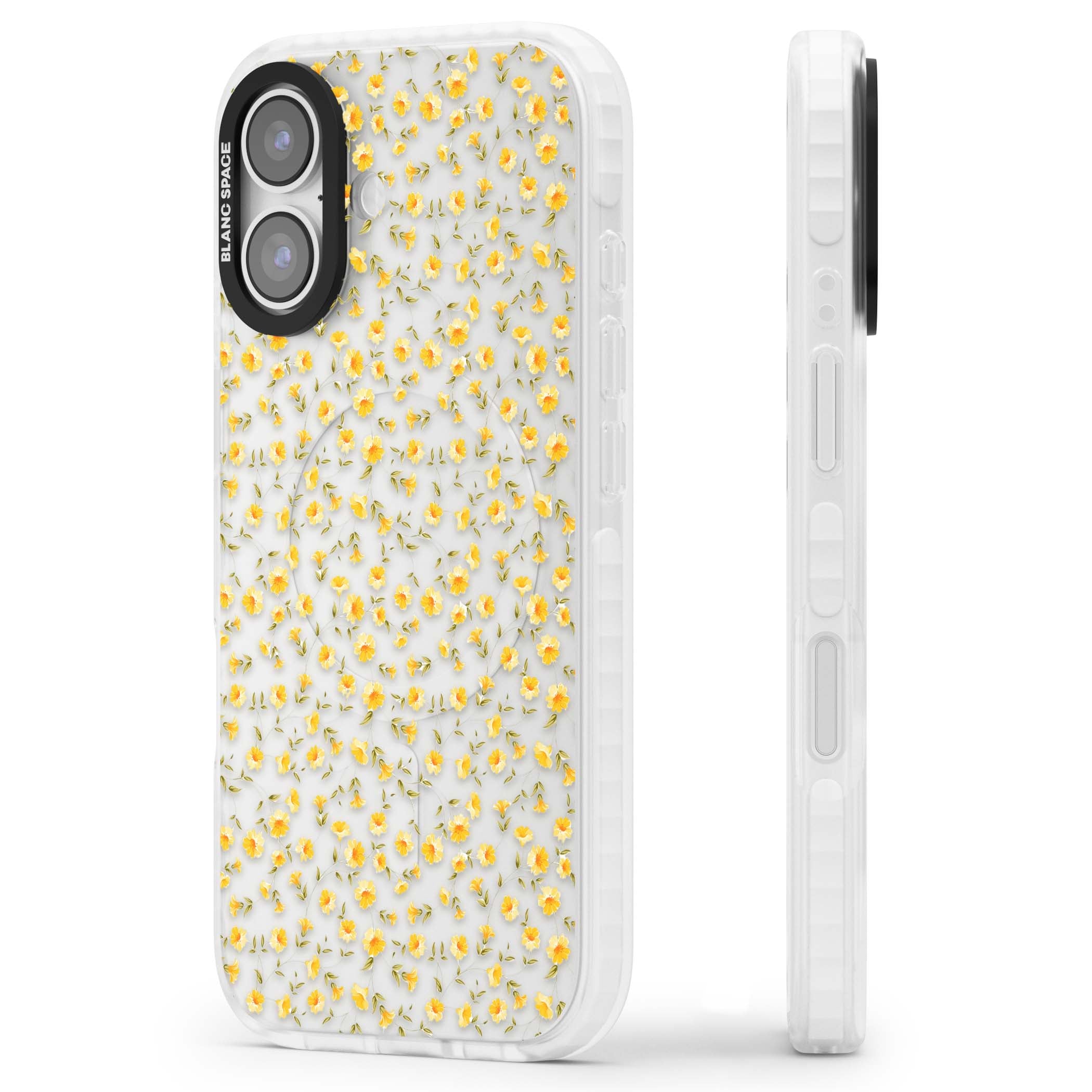 Buttercup wildflower iPhone case featuring tiny yellow flowers and trailing green vines on clear | Black Impact case for iPhone 17