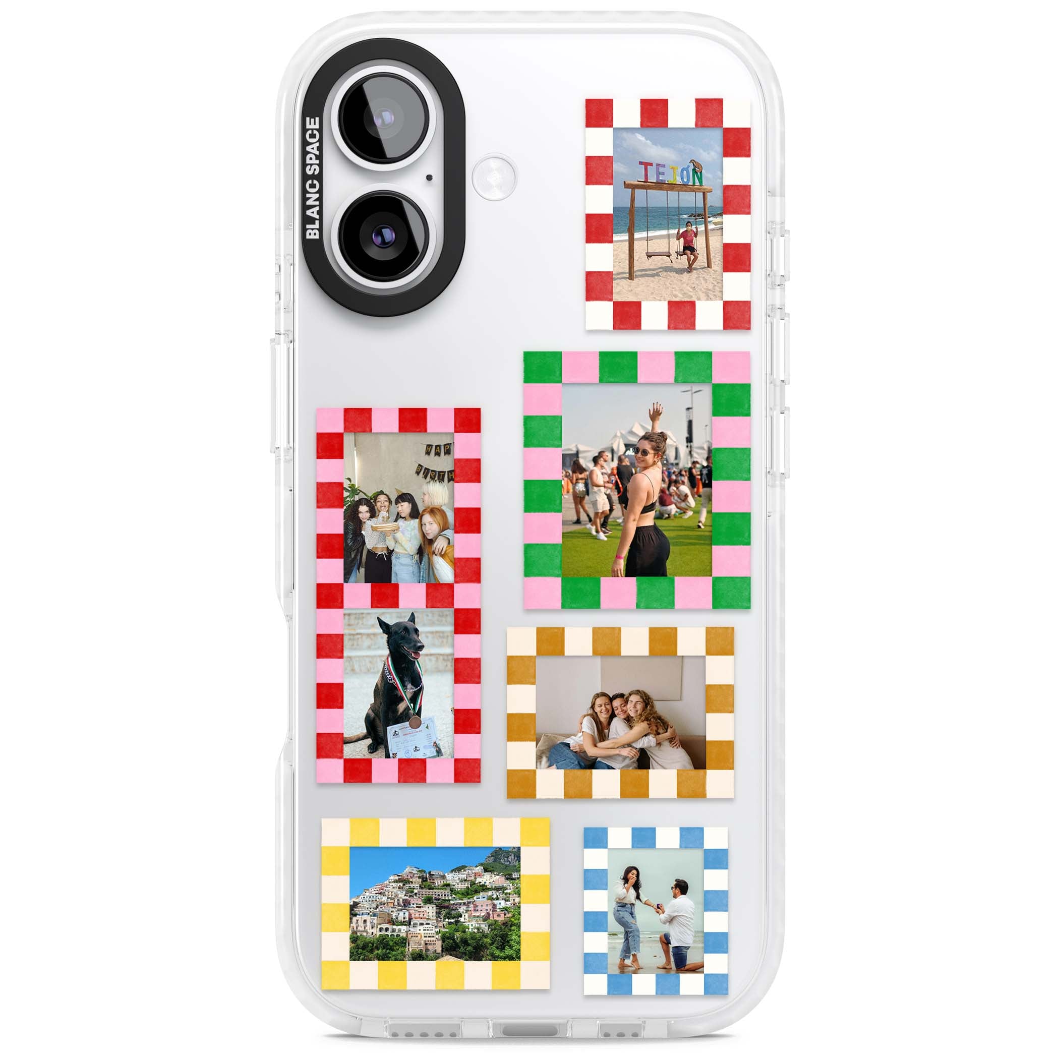 Italian Check Frames custom photo collage iPhone case featuring six checkered photo frames in red, green, pink and | Black Impact case for iPhone 17