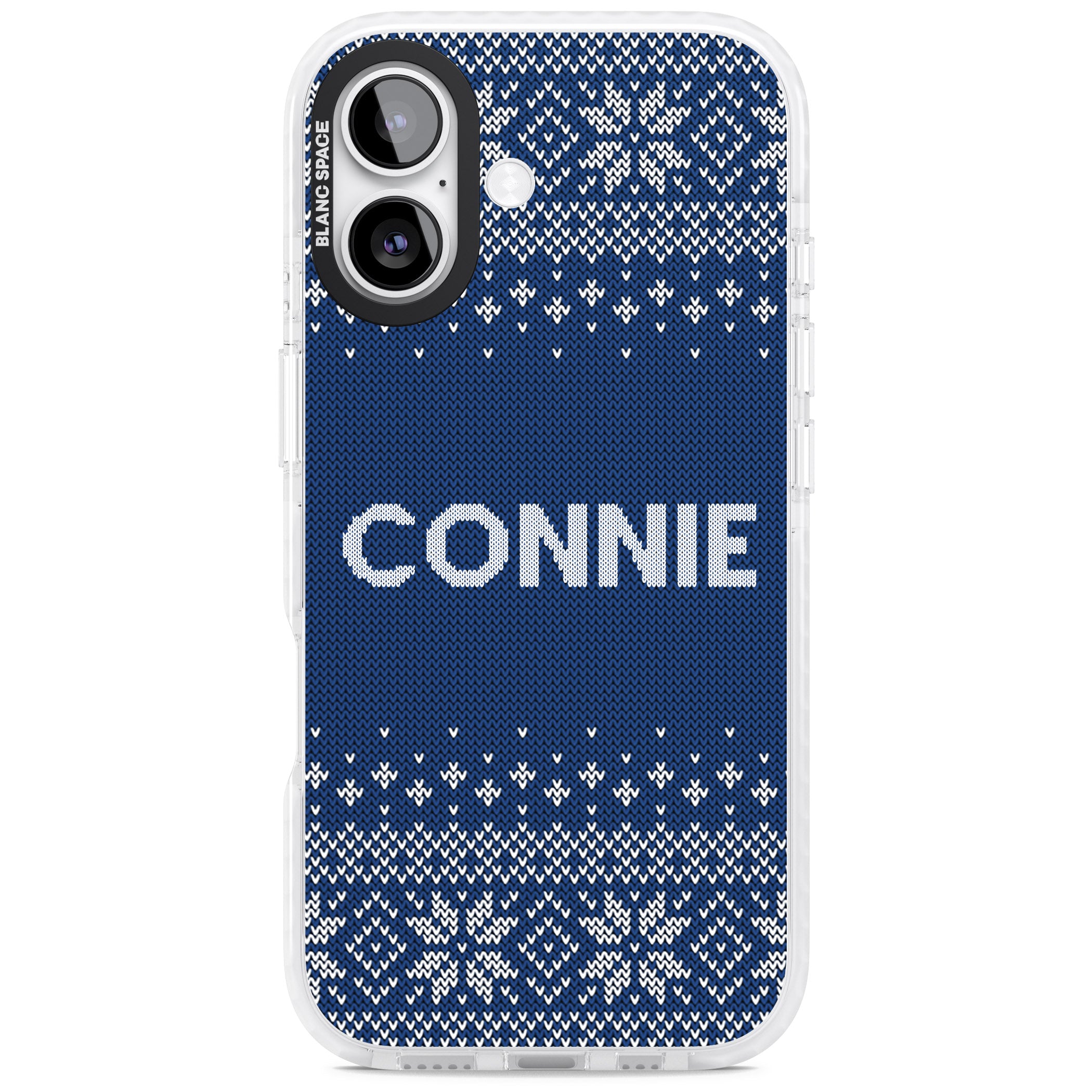 Personalised Blue Knitted Christmas iPhone 17 Impact Clear Phone Case
