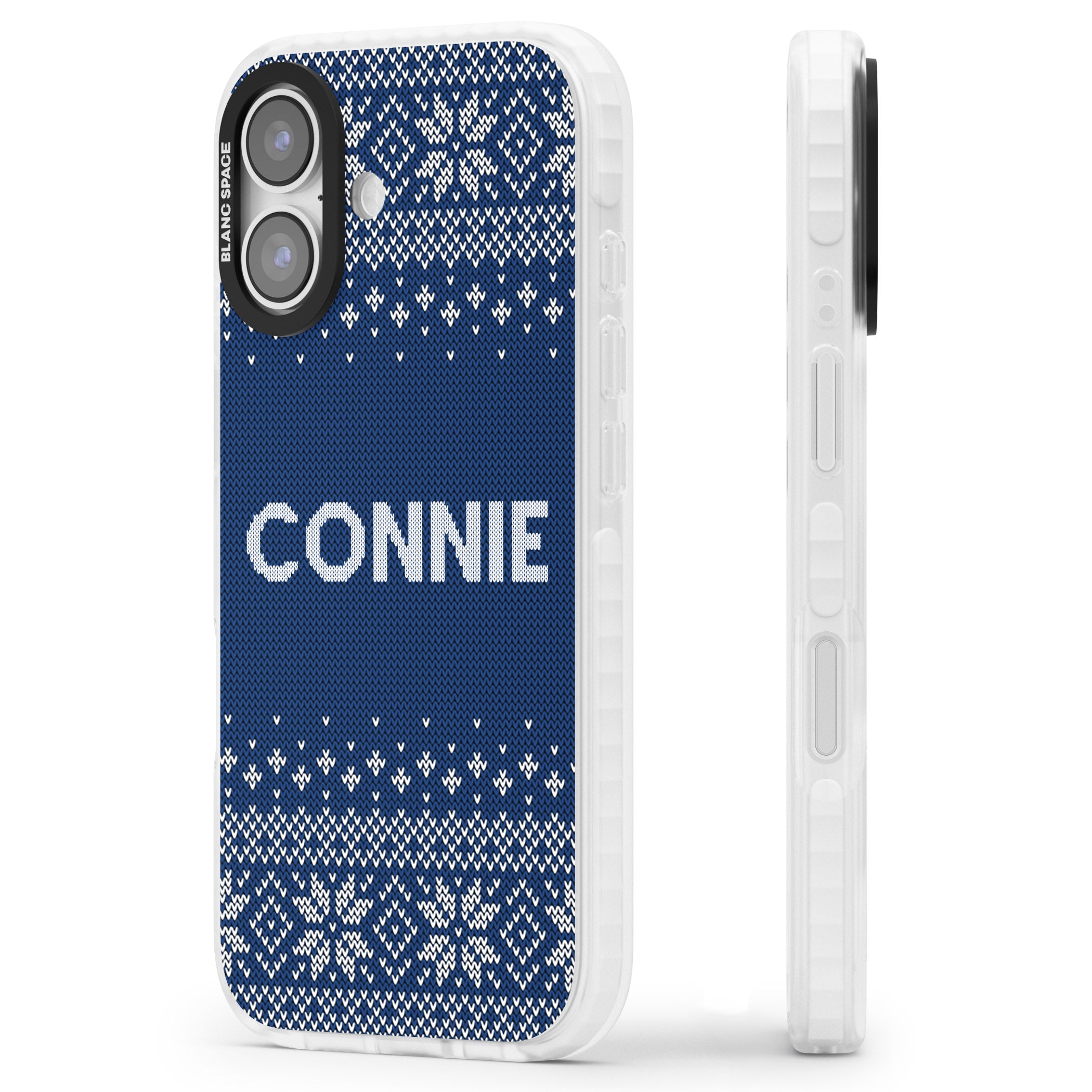 Personalised Blue Knitted Christmas iPhone 17 Impact Clear Phone Case Side Profile