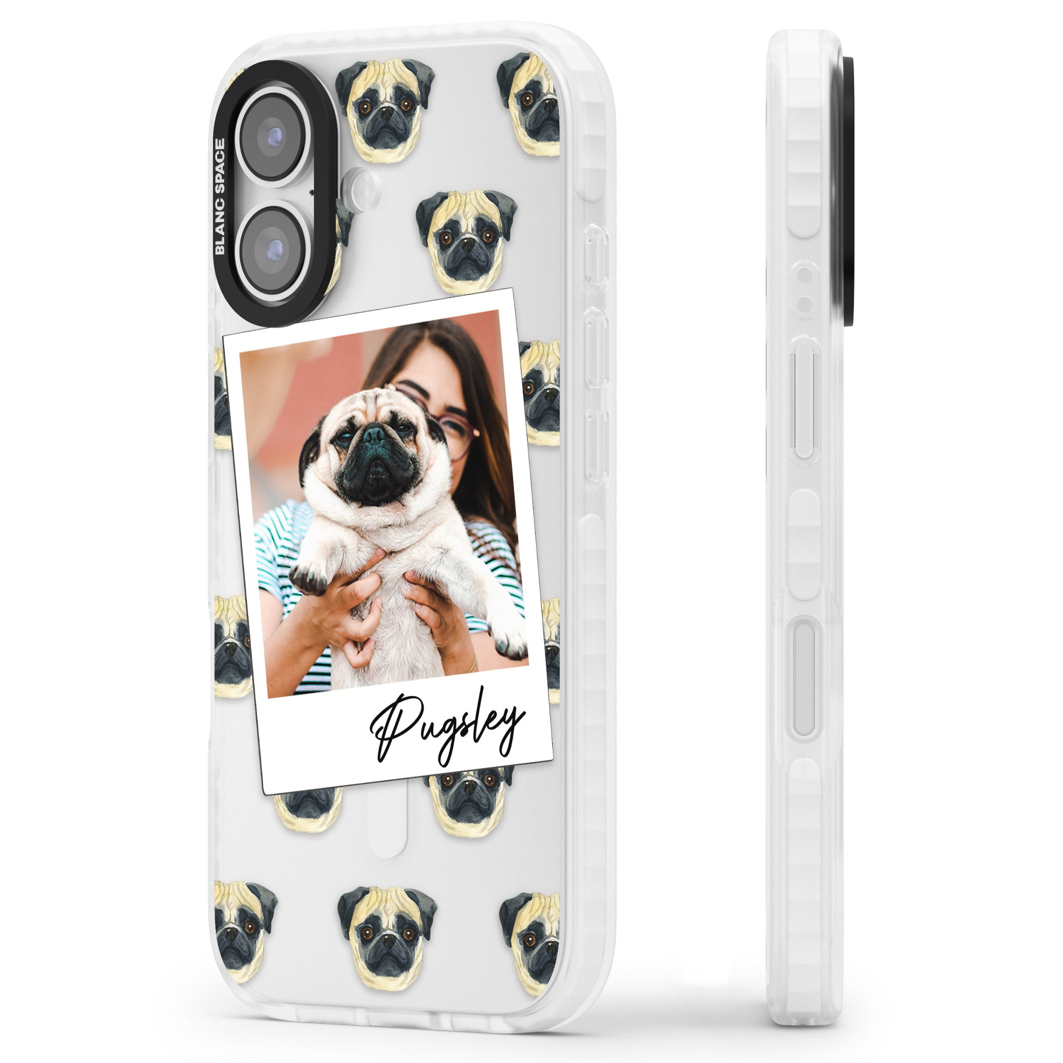 Personalised Pug Instant Camera Photo iPhone 17 Impact Clear Phone Case Side Profile