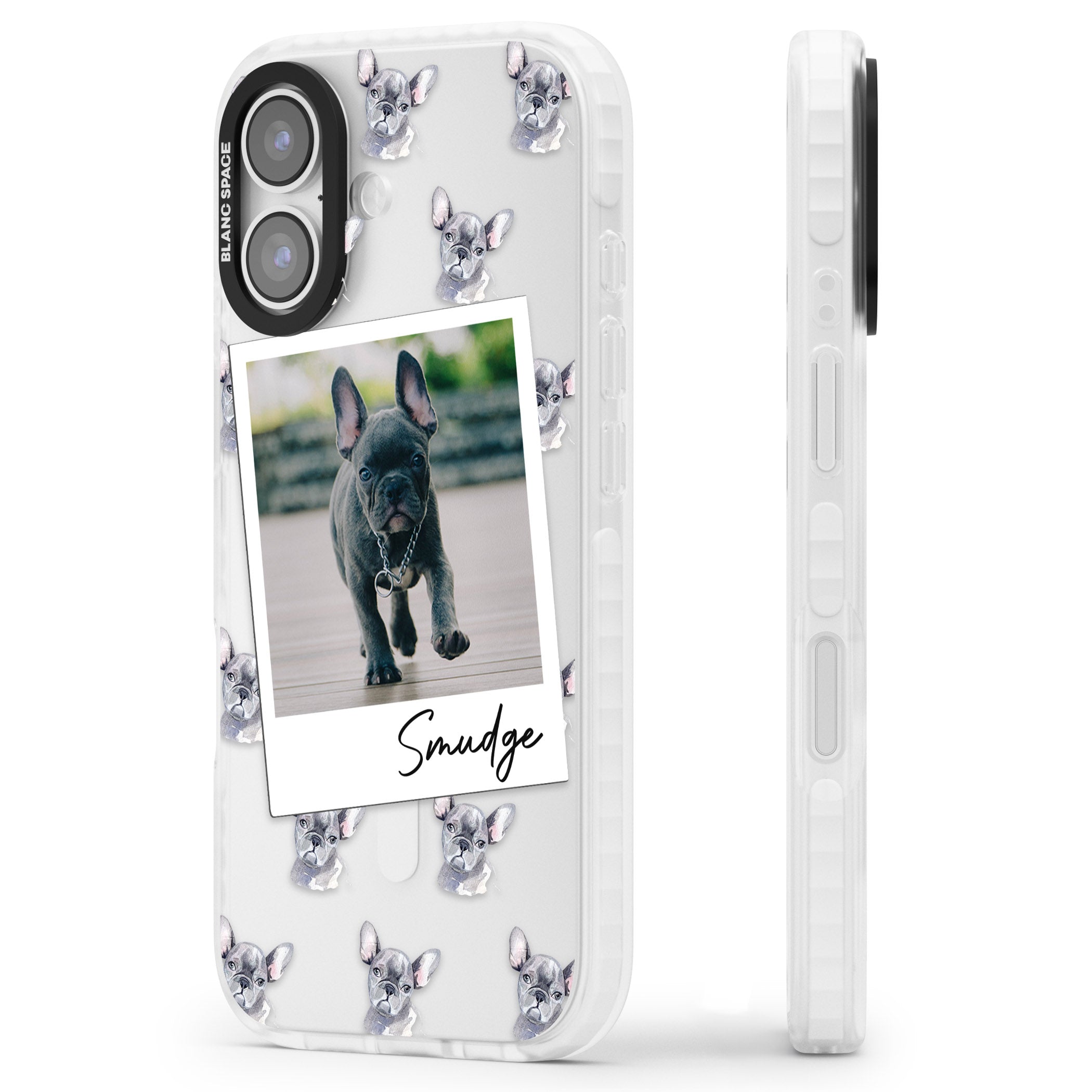 Personalised Grey French Bulldog Instant Camera Photo iPhone 17 Impact Clear Phone Case Side Profile
