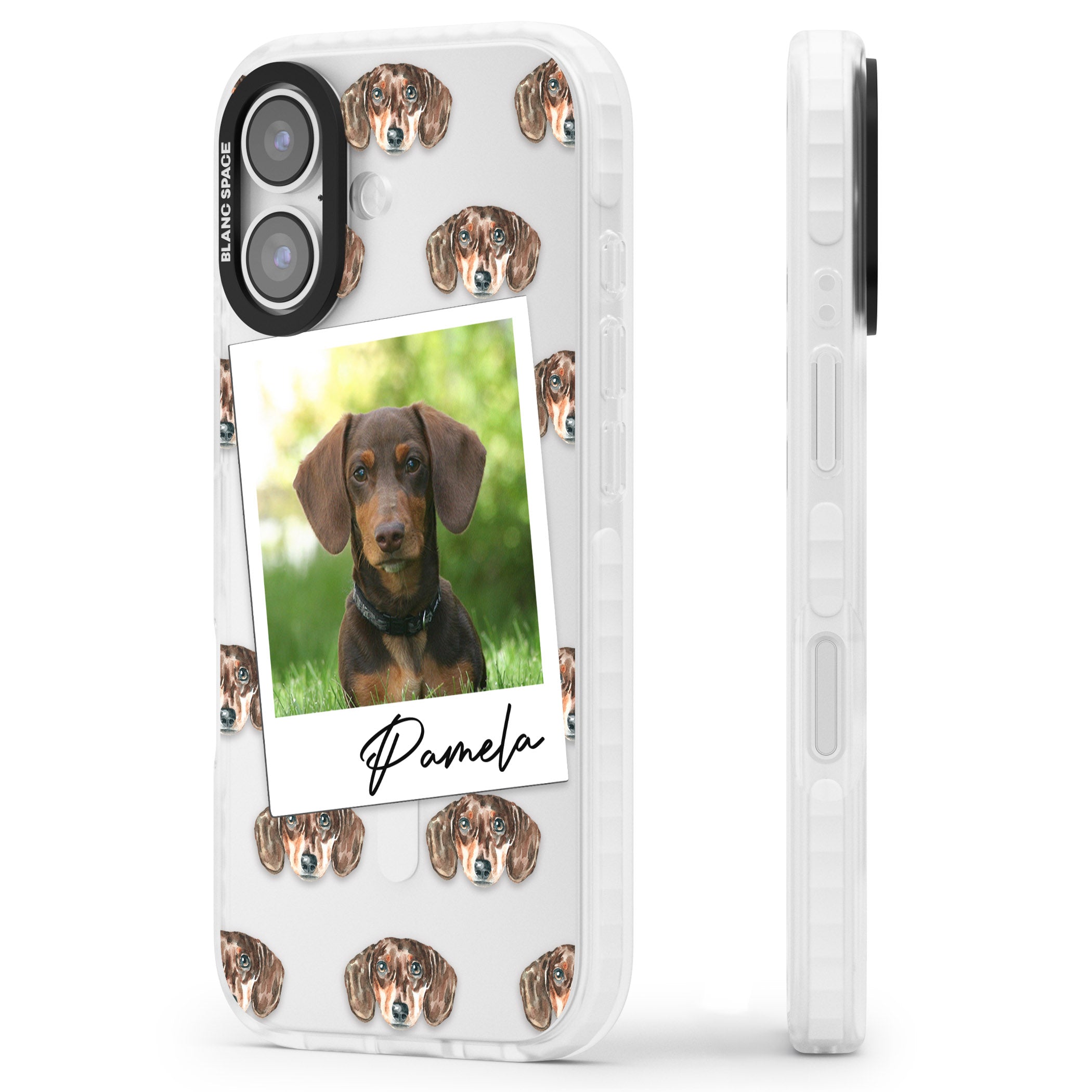 Personalised Brown Dachshund Instant Camera Photo iPhone 17 Impact Clear Phone Case Side Profile