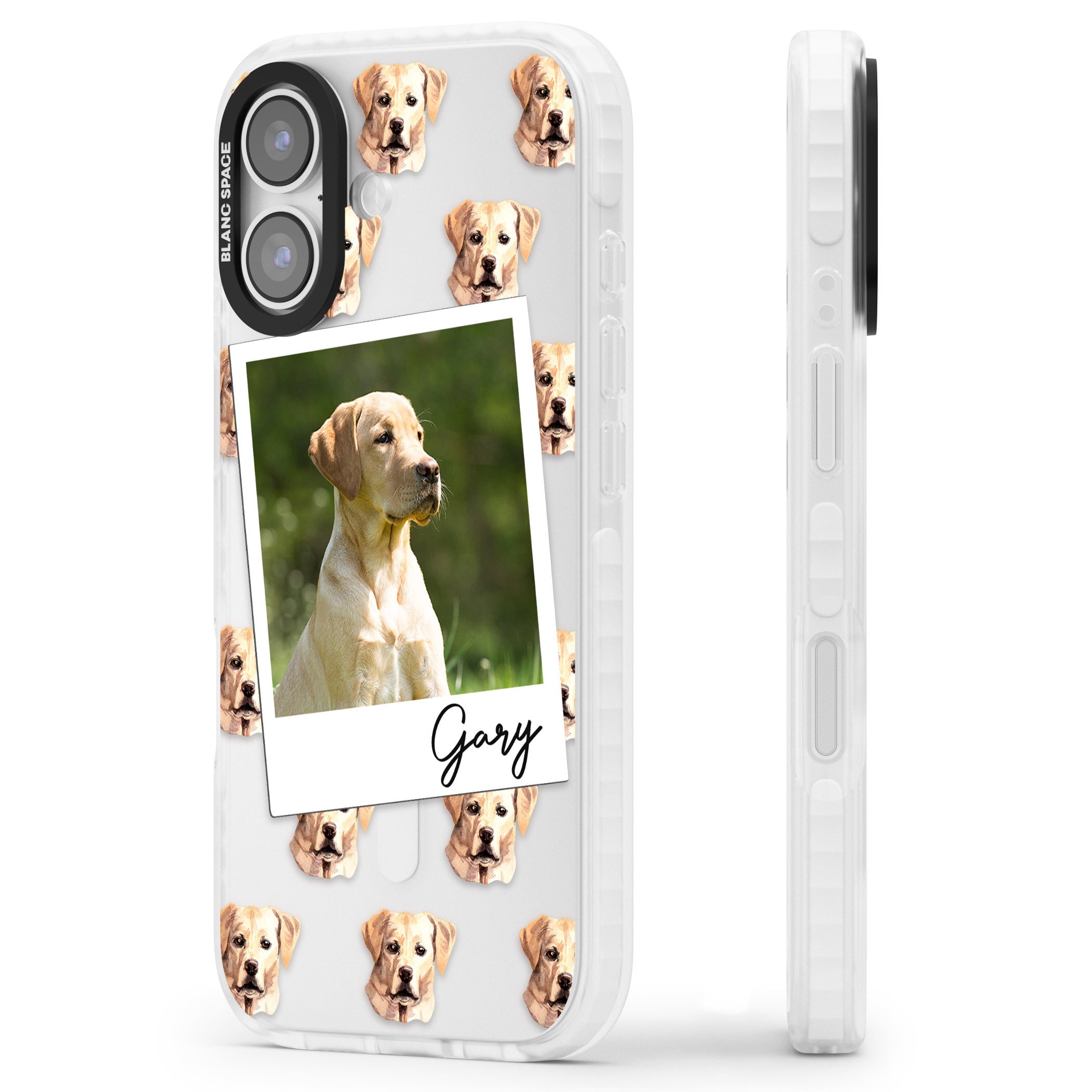 Personalised Tan Black Labrador Instant Camera Photo iPhone 17 Impact Clear Phone Case Side Profile