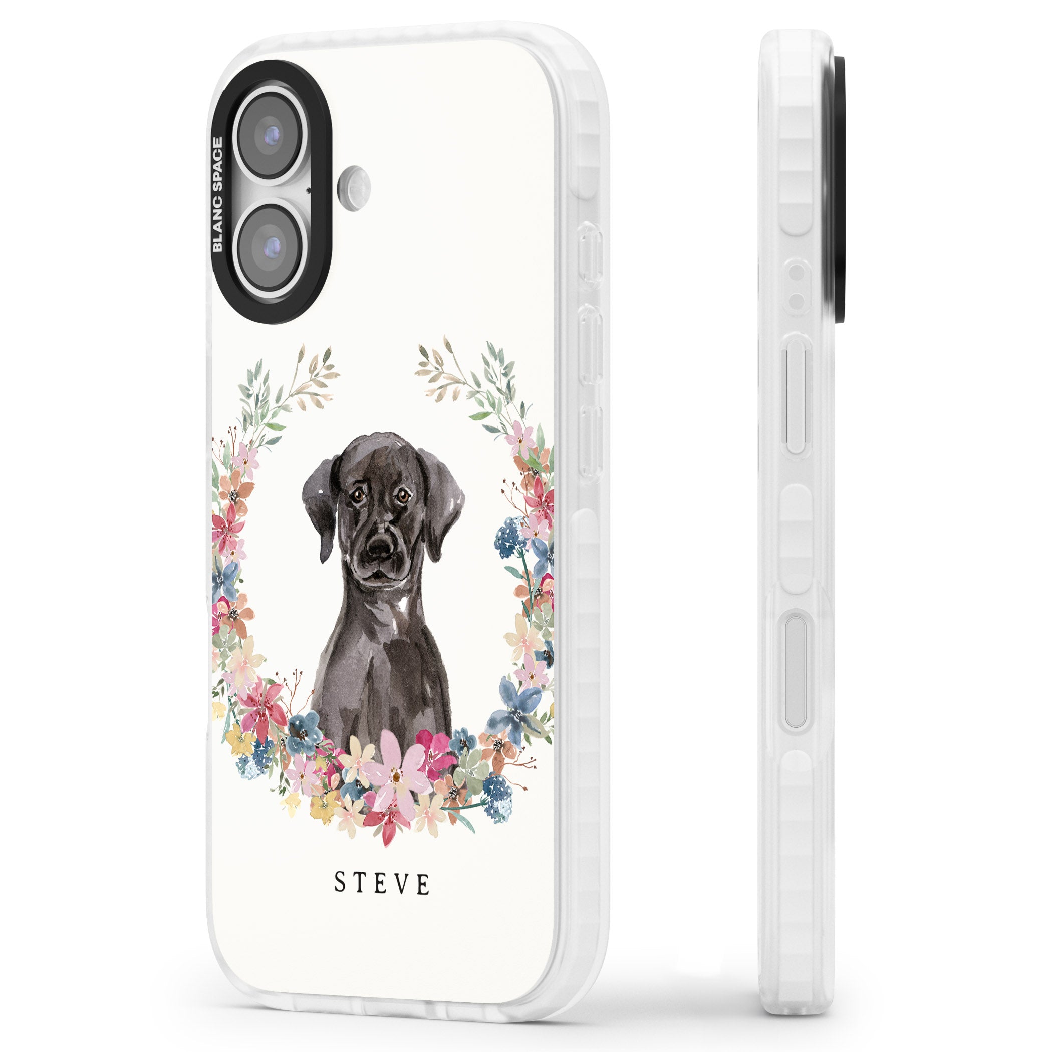 Personalised Black Labrador Floral Portrait iPhone 17 Impact Clear Phone Case Side Profile