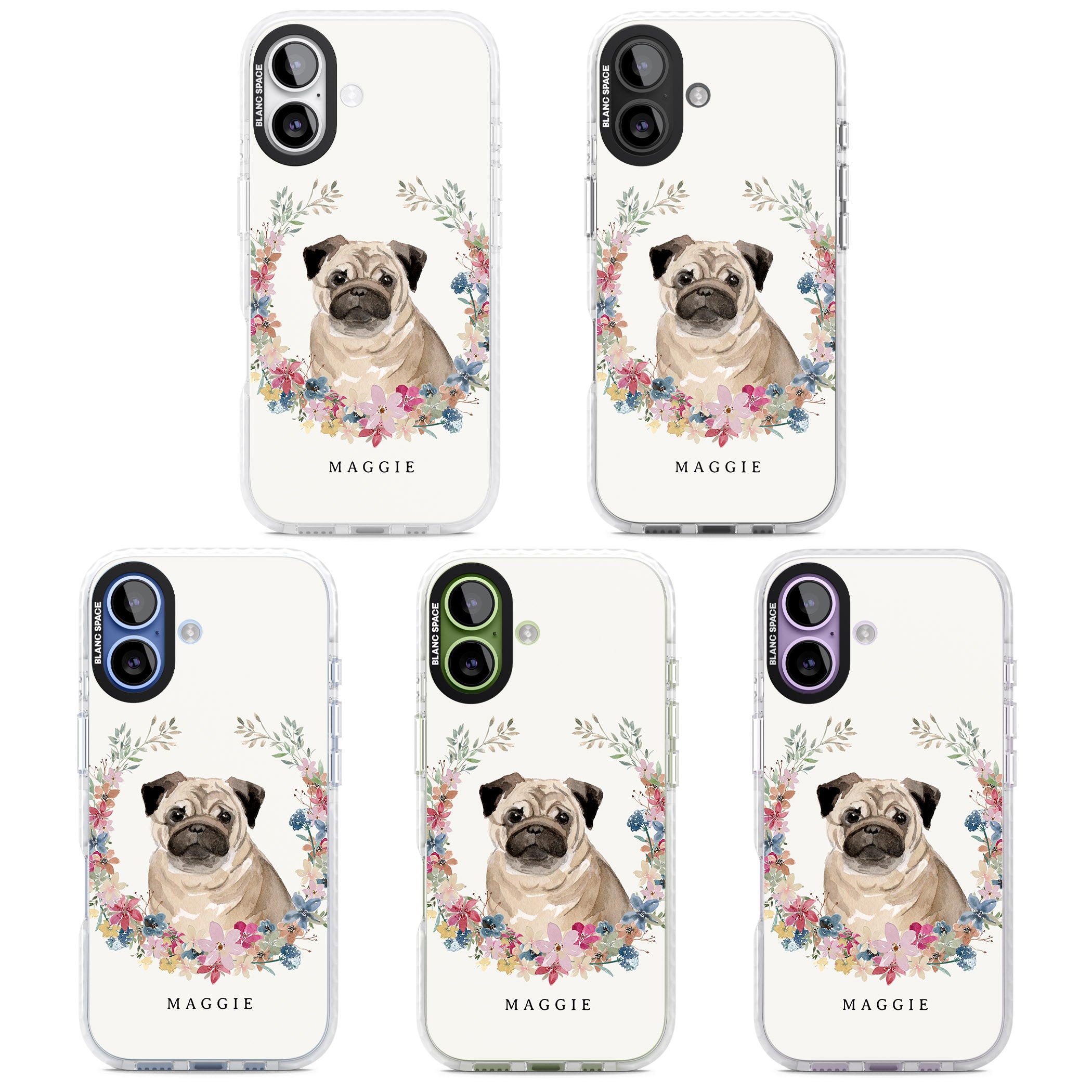 Personalised Pug Floral Portrait iPhone 17 Impact Clear Phone Case APT Impact Protection