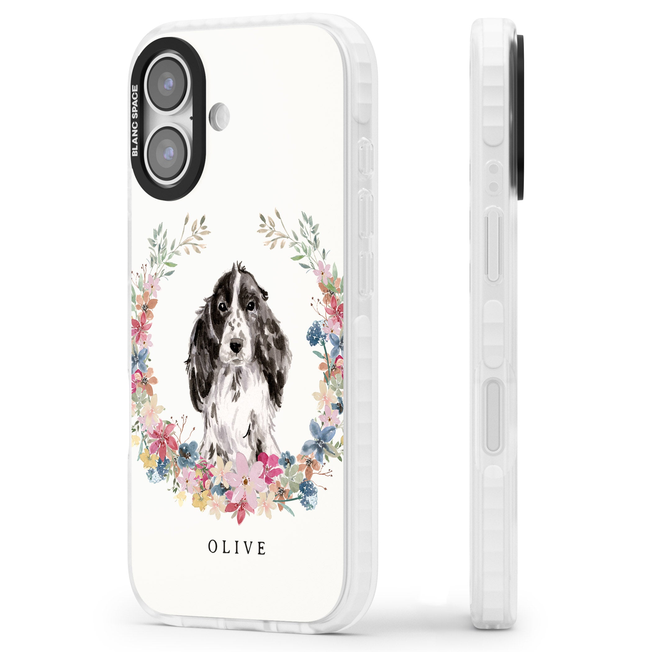 Personalised Black Cocker Spaniel Floral Portrait iPhone 17 Impact Clear Phone Case Side Profile