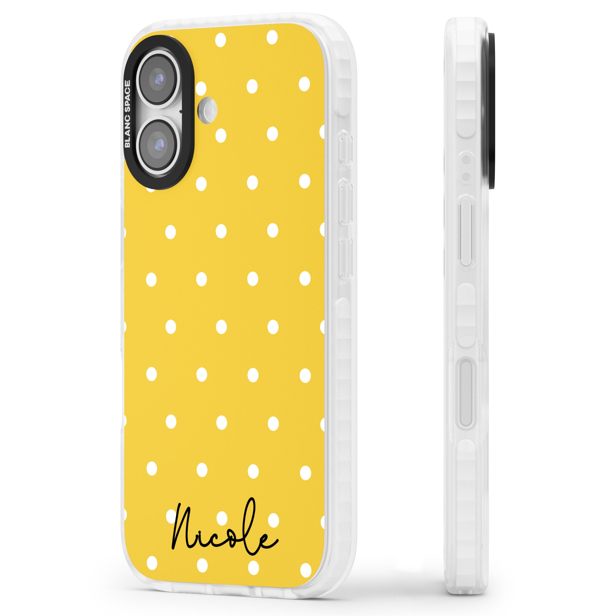 Personalised Yellow Polka Dot iPhone 17 Impact Clear Phone Case Side Profile