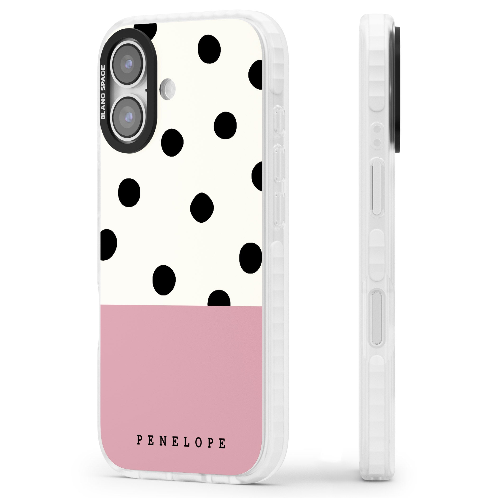 Personalised Pink Border Polka Dot iPhone 17 Impact Clear Phone Case Side Profile