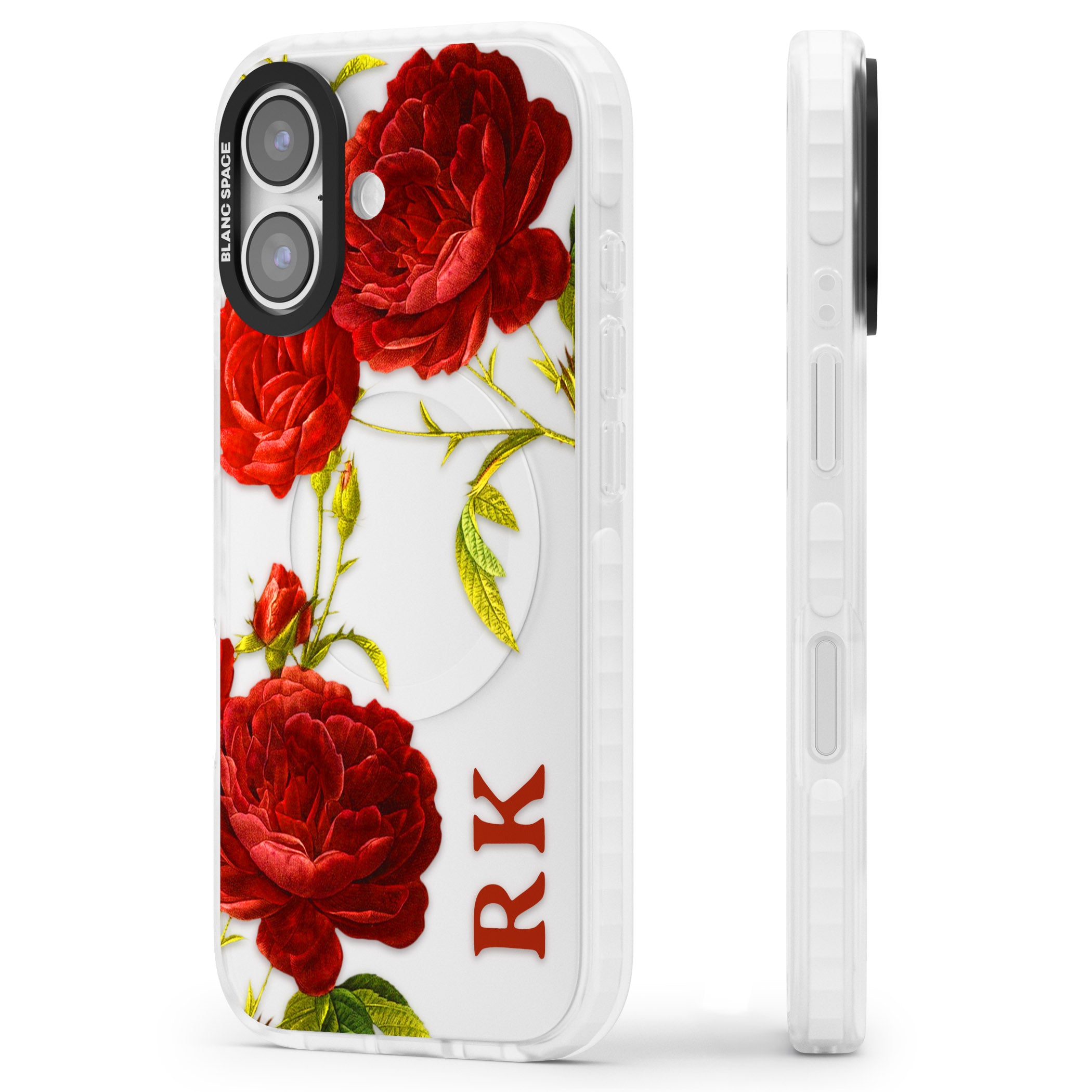 Personalised Vintage Floral Red Roses iPhone 17 Impact Clear Phone Case Side Profile