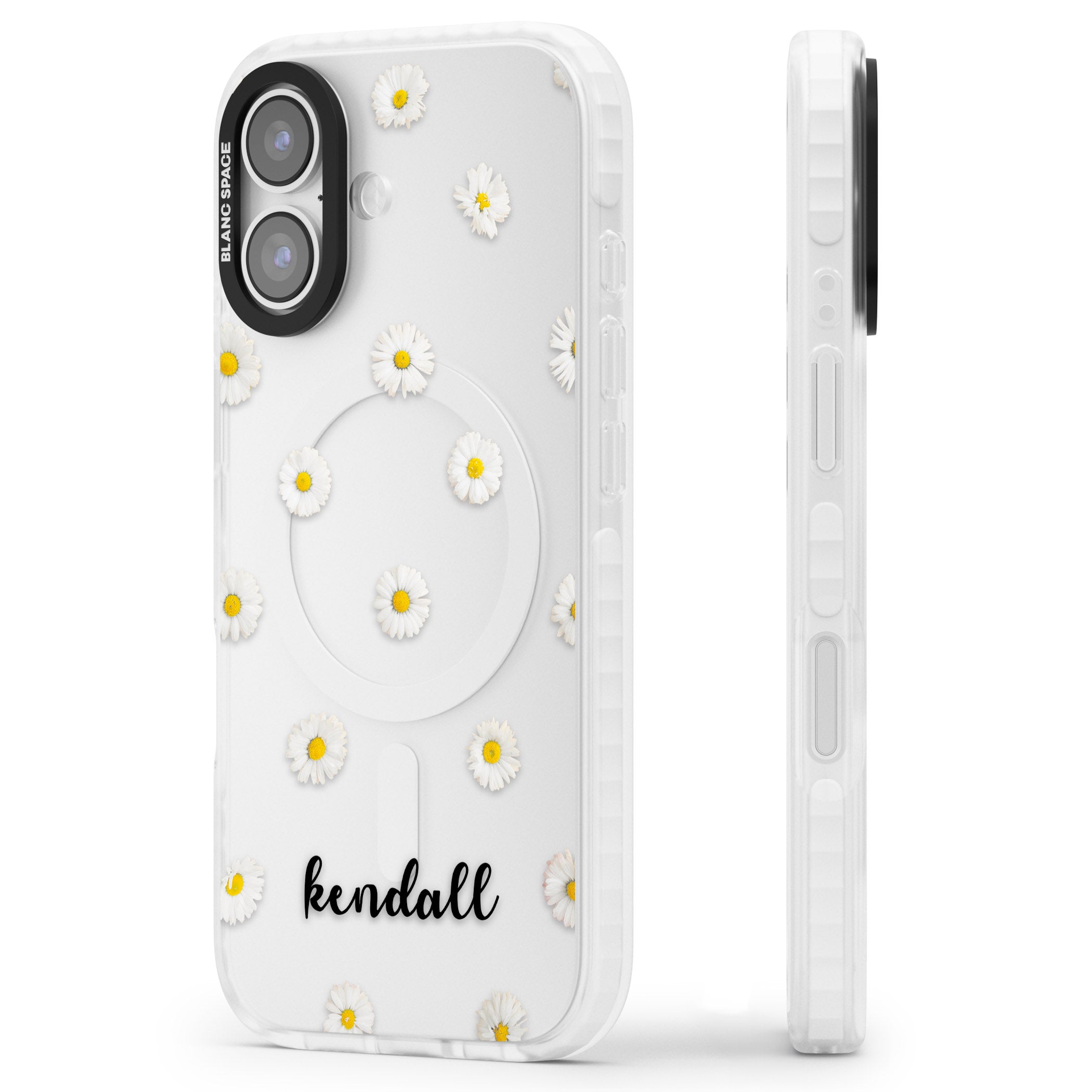 Personalised White Daisies & Cursive iPhone 17 Impact Clear Phone Case Side Profile