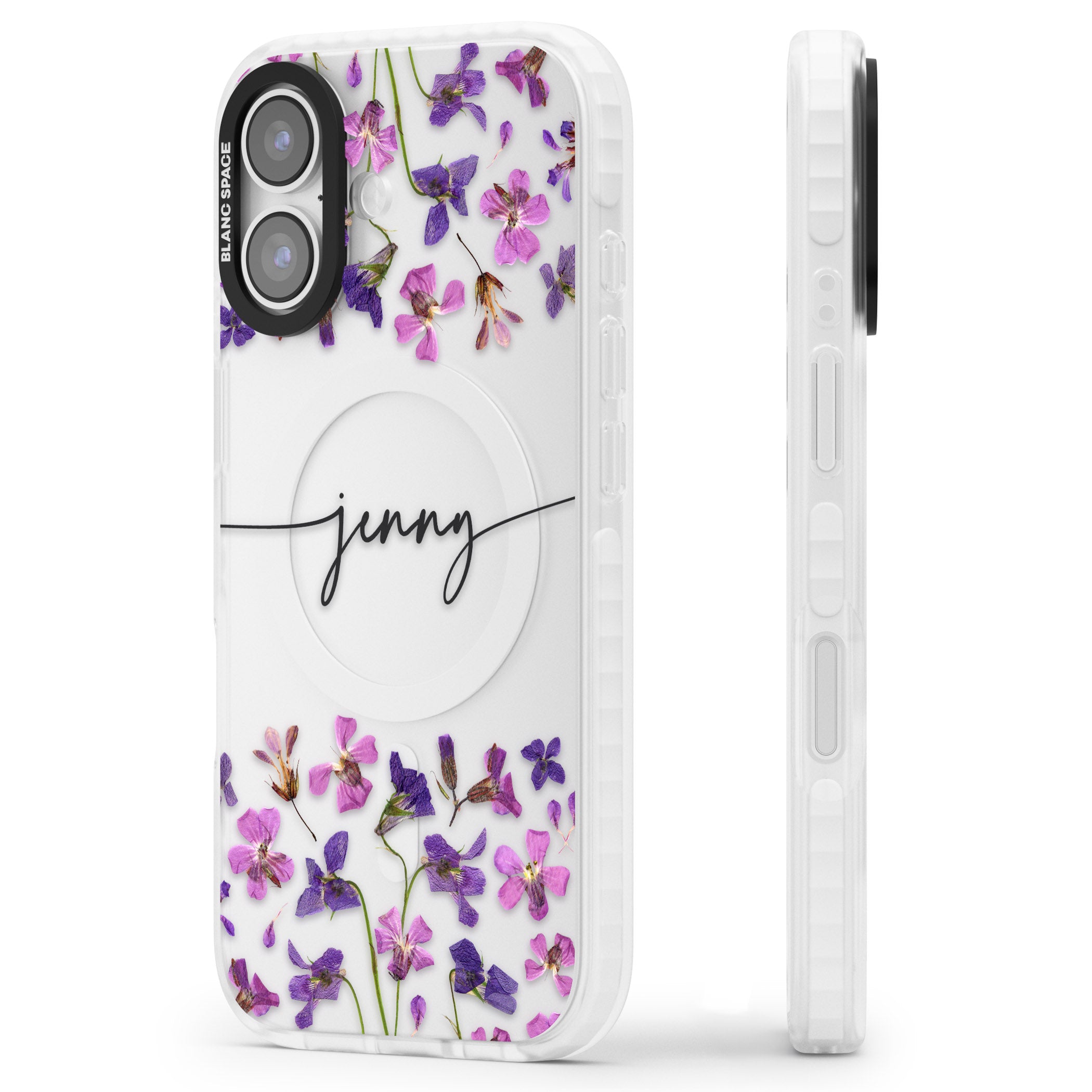 Personalised Purple Violets iPhone 17 Impact Clear Phone Case Side Profile