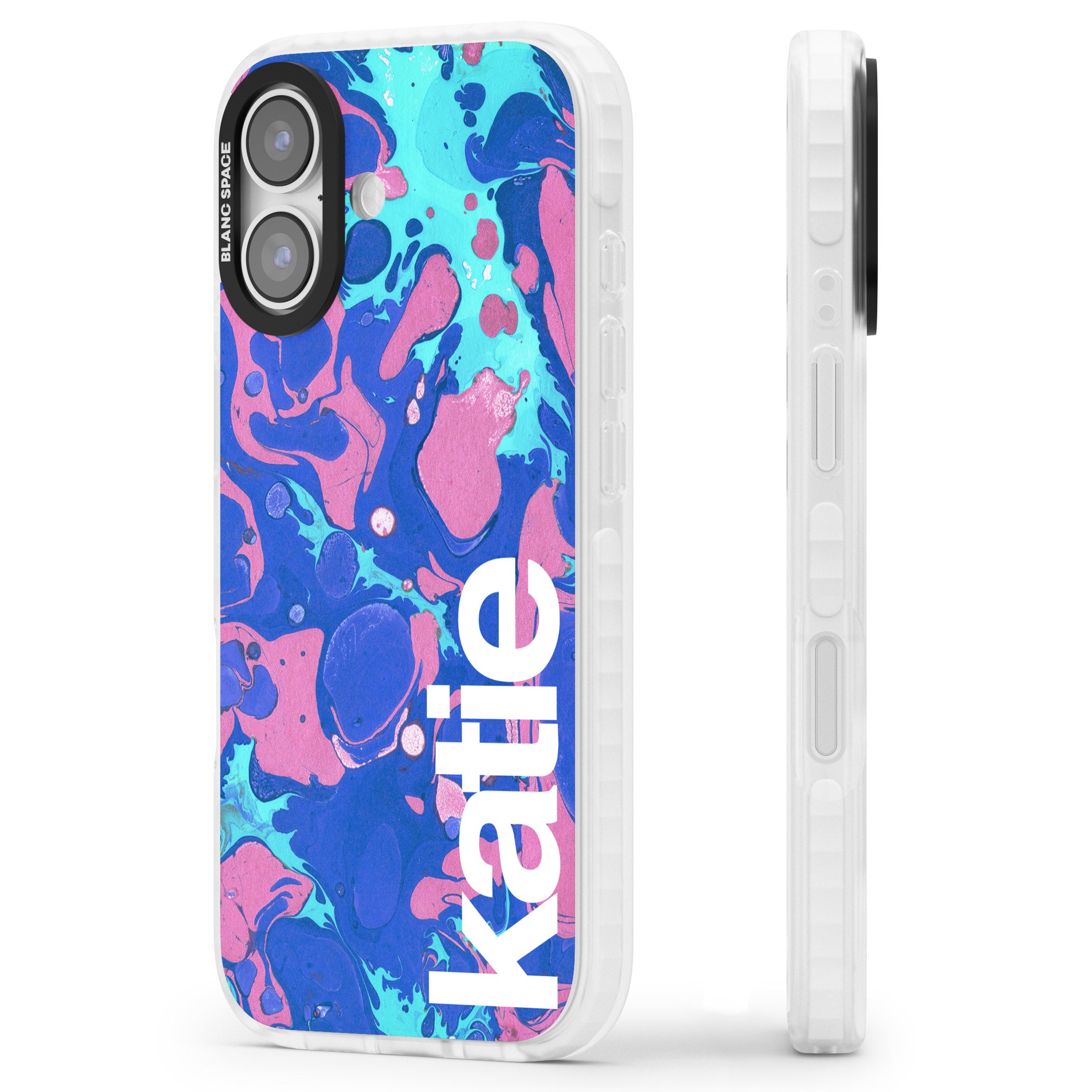 Personalised Navy & Turquoise Marbled iPhone 17 Impact Clear Phone Case Side Profile