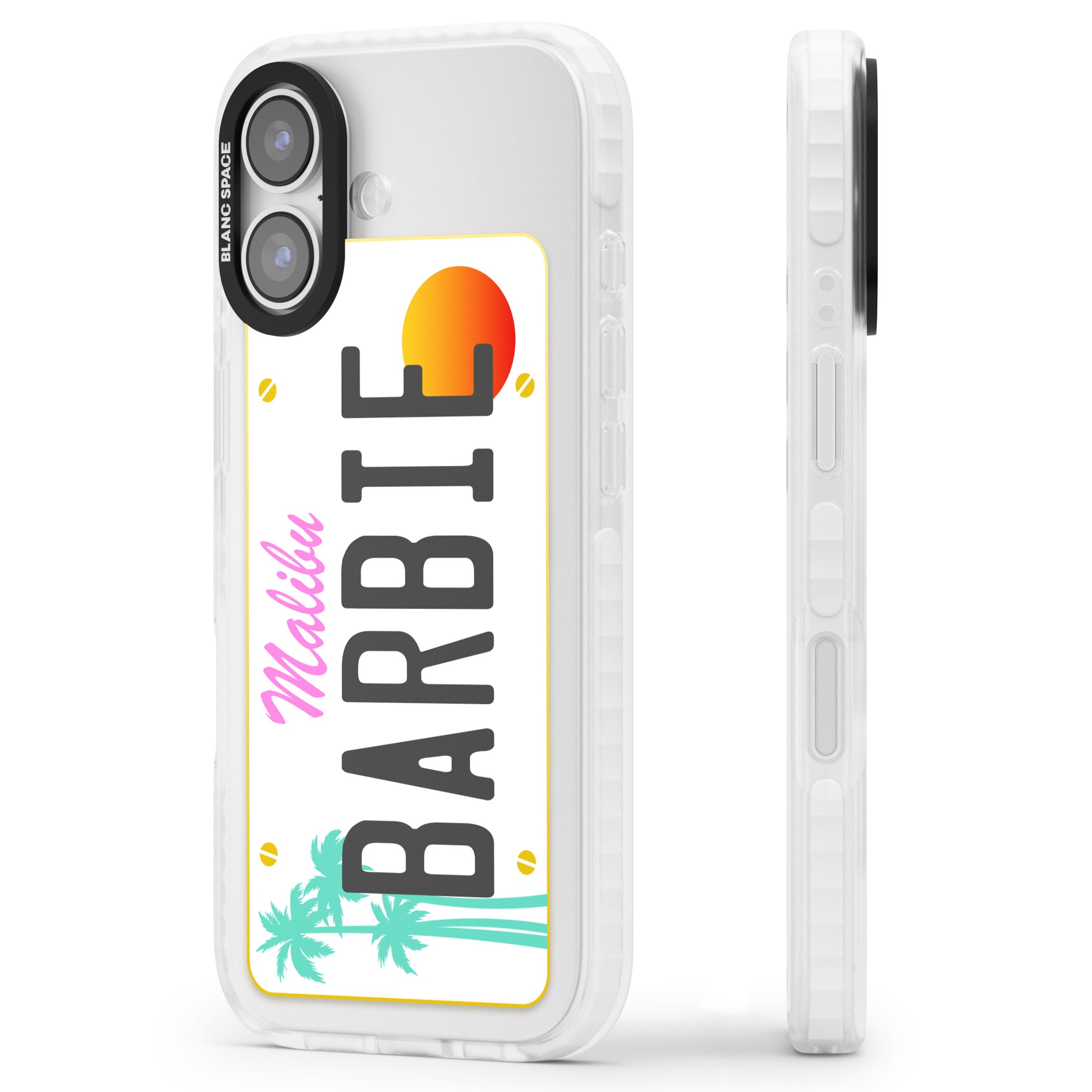 Personalised Malibu License Plate iPhone 17 Impact Clear Phone Case Side Profile