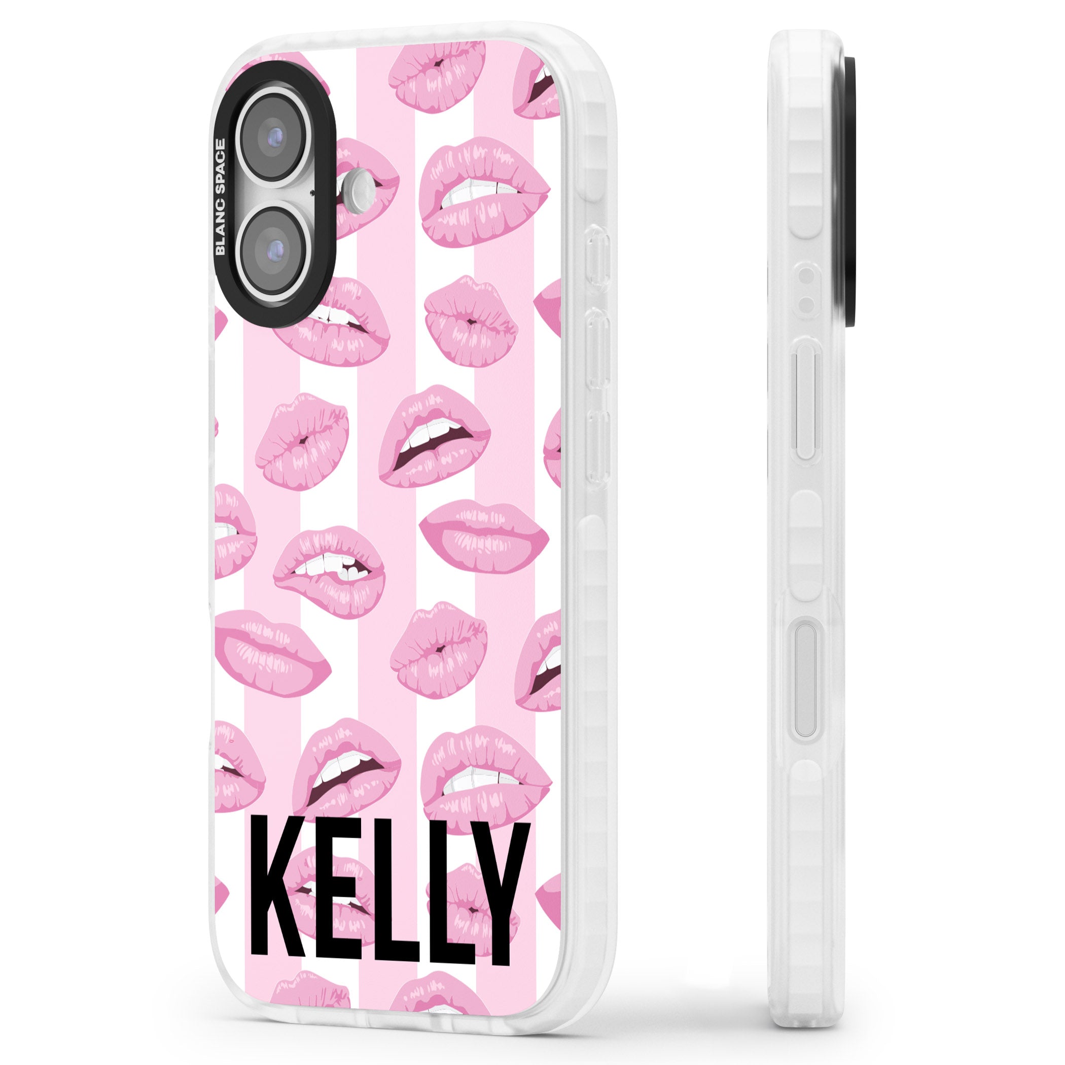 Personalised Pink Stripes & Lips iPhone 17 Impact Clear Phone Case Side Profile