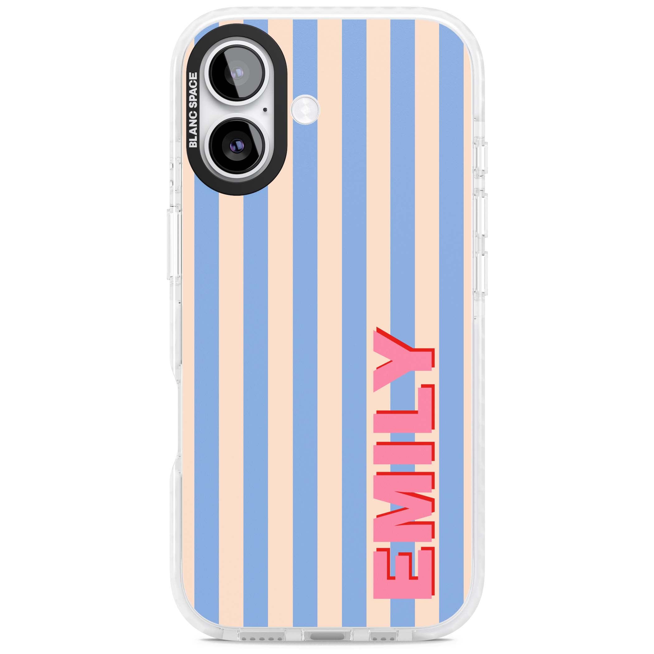 Coastal Stripe personalised coastal iPhone case with blue and peach vertical stripes and custom pink name | Black Impact case for iPhone 17