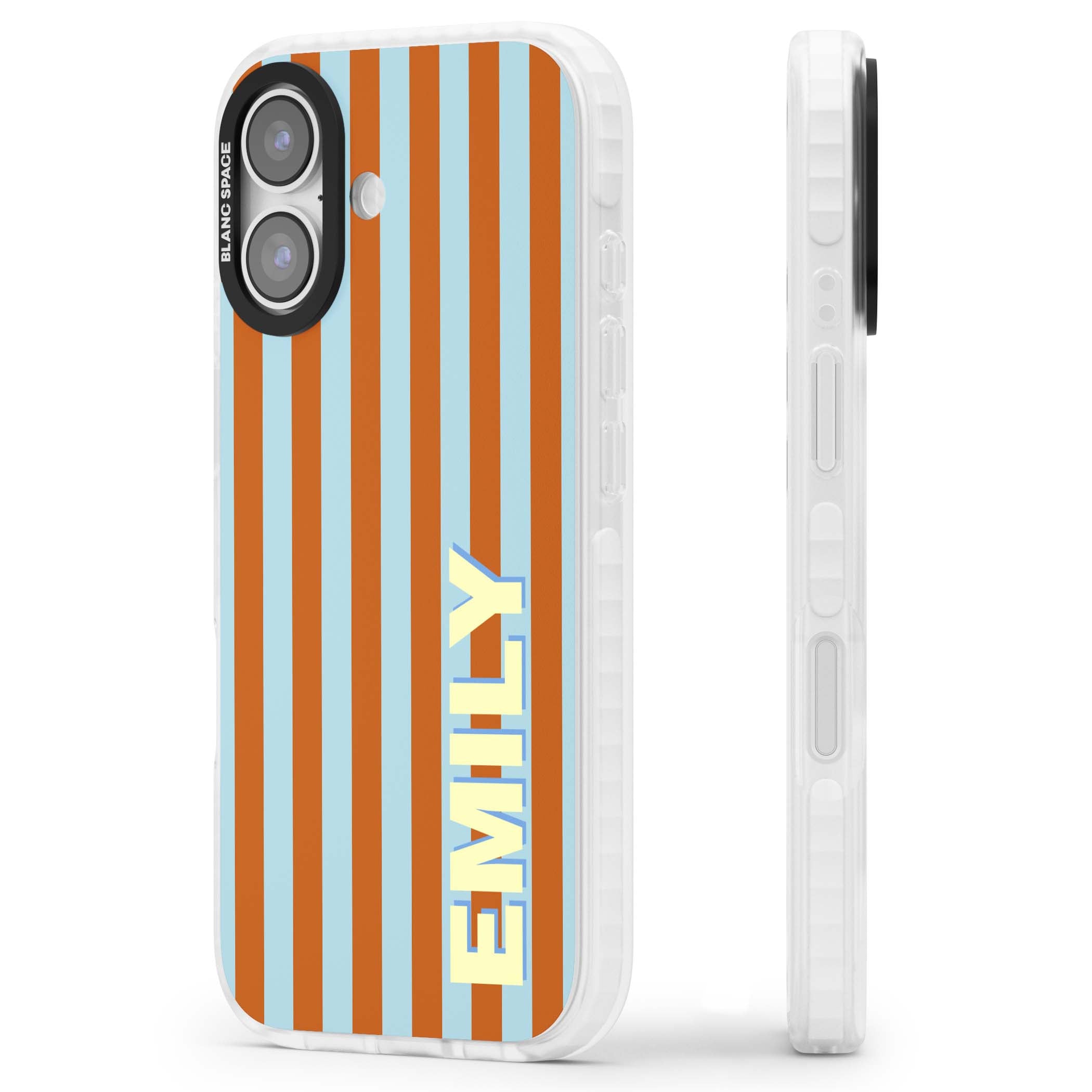 Cappadocia Stripe personalised coastal iPhone case featuring blue and orange vertical stripes with custom cream name | Black Impact case for iPhone 17