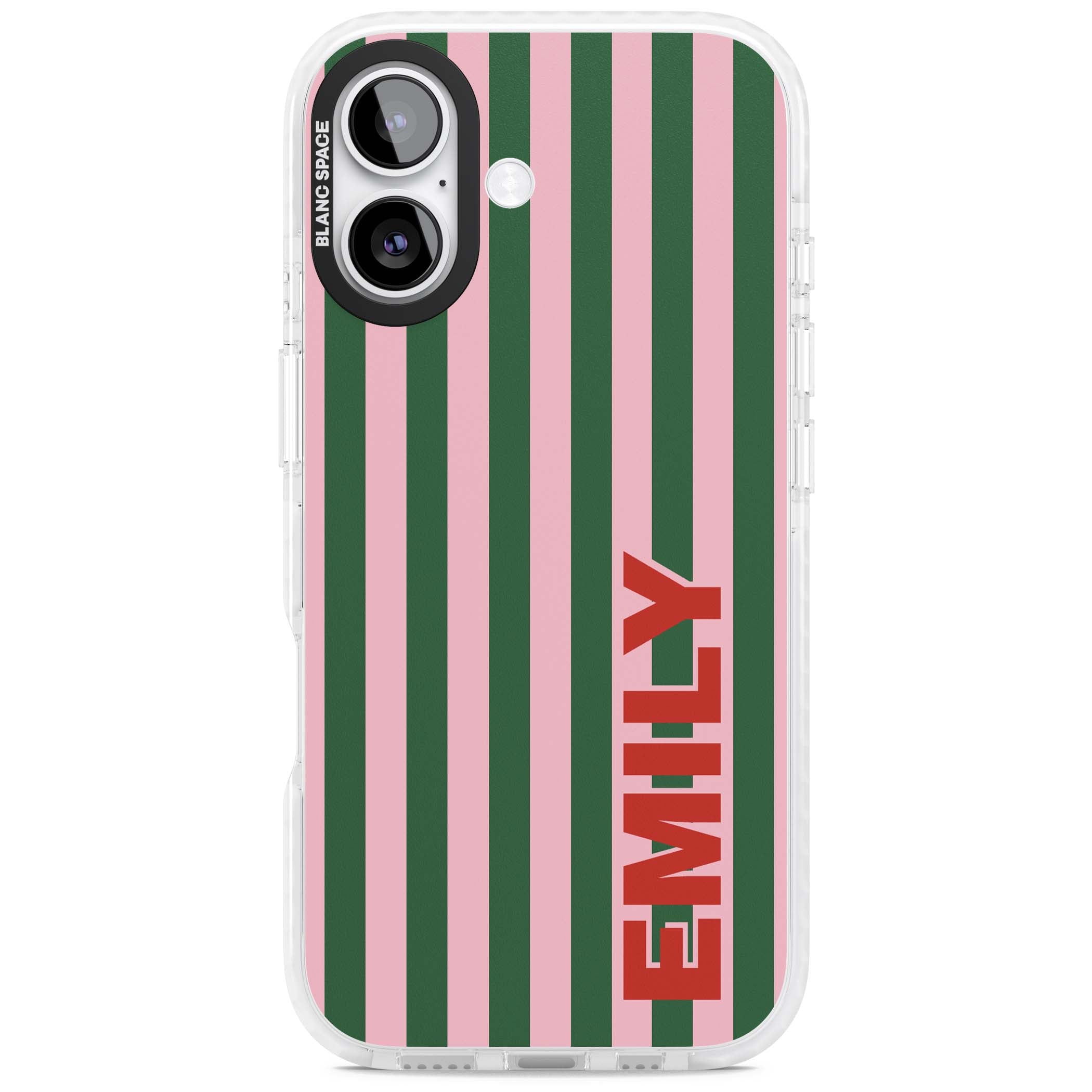 Italian Stripe preppy iPhone case featuring pink and green vertical stripes with personalised red name | Black Impact case for iPhone 17