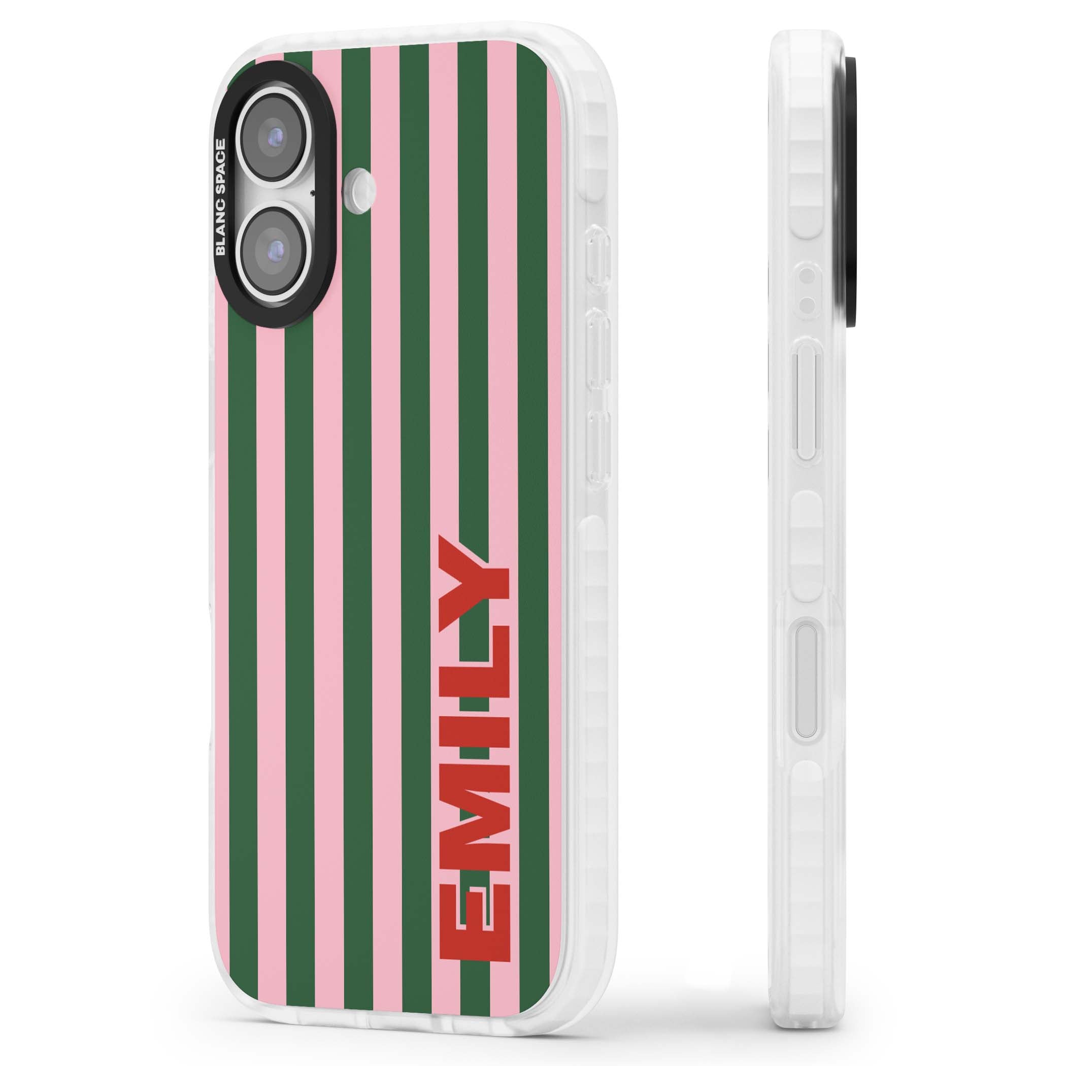 Italian Stripe preppy iPhone case featuring pink and green vertical stripes with personalised red name | Black Impact case for iPhone 17