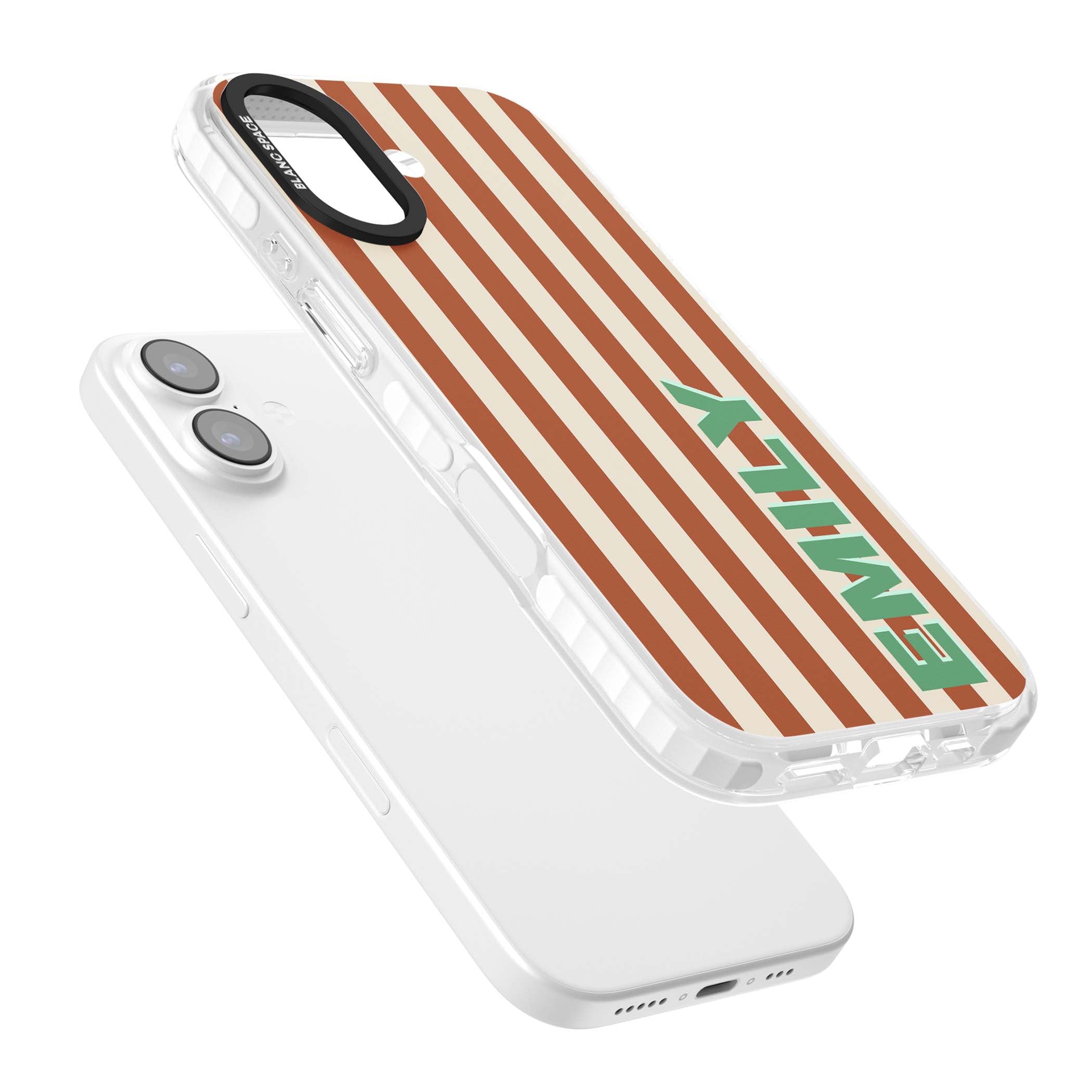 Dune Stripe personalised iPhone case with rust and cream vertical stripes and custom name in mint green | Black Impact case for iPhone 17