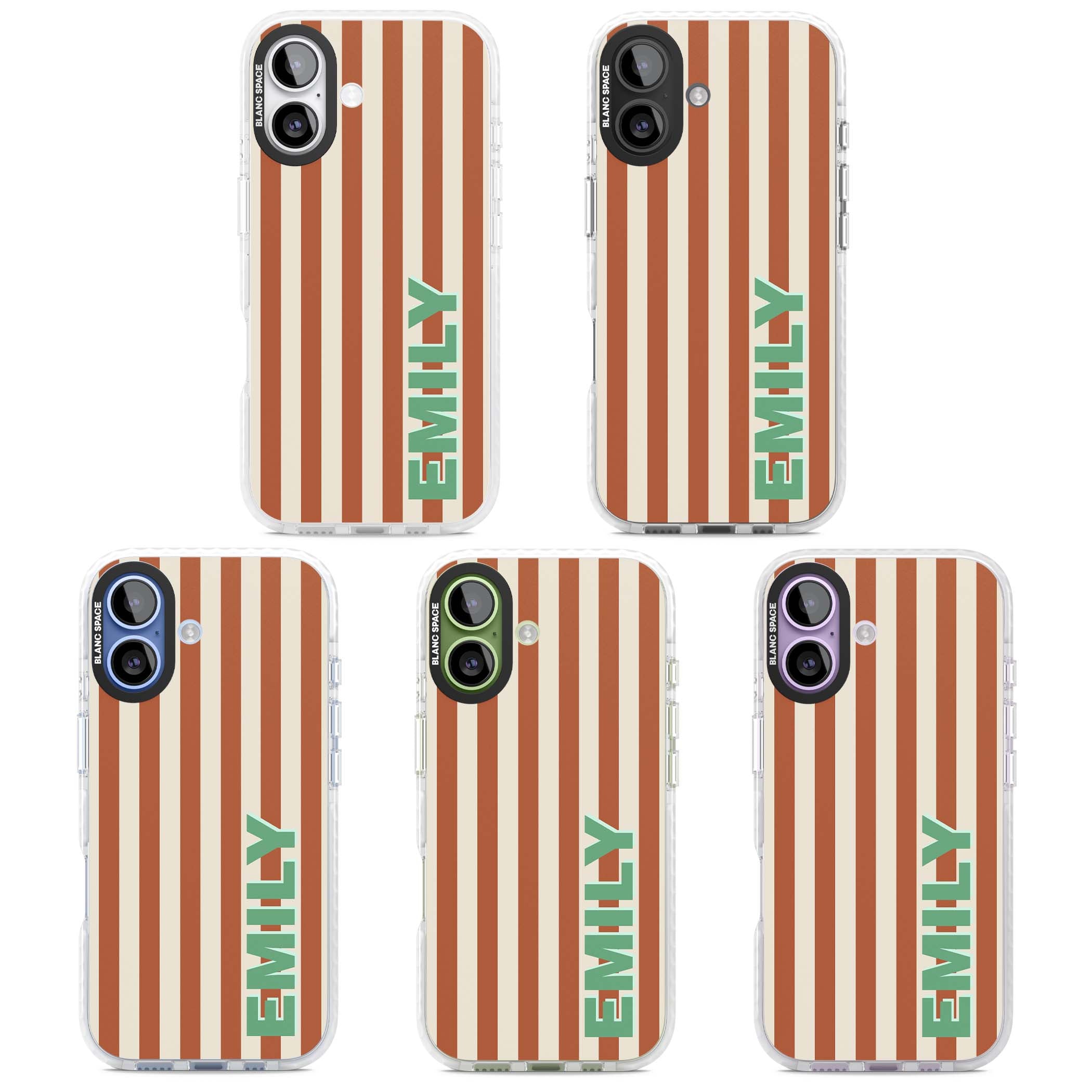 Dune Stripe personalised iPhone case with rust and cream vertical stripes and custom name in mint green | Black Impact case for iPhone 17