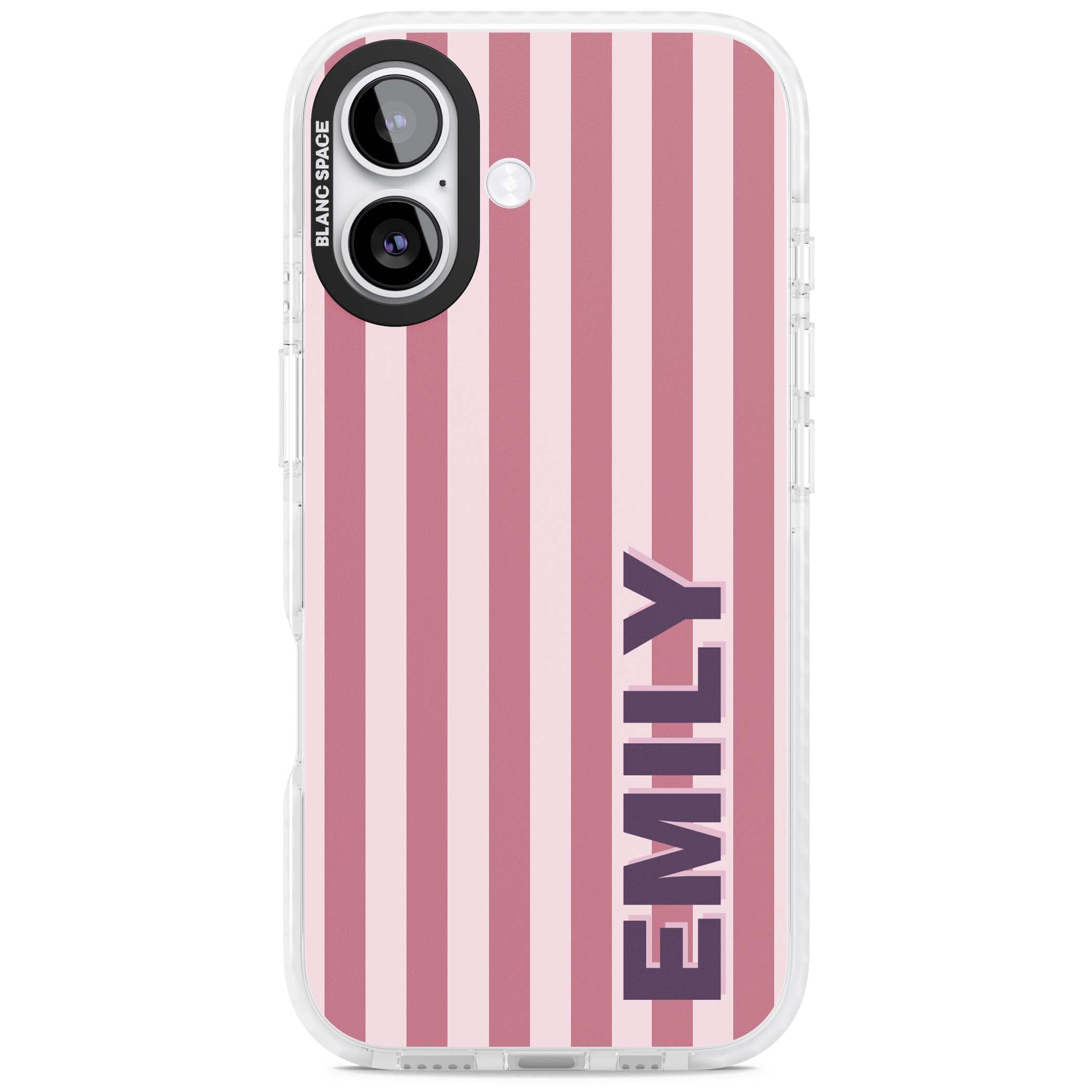 Victoria Stripe personalised iPhone case featuring pink vertical stripes and custom name in bold plum lettering | Black Impact case for iPhone 17