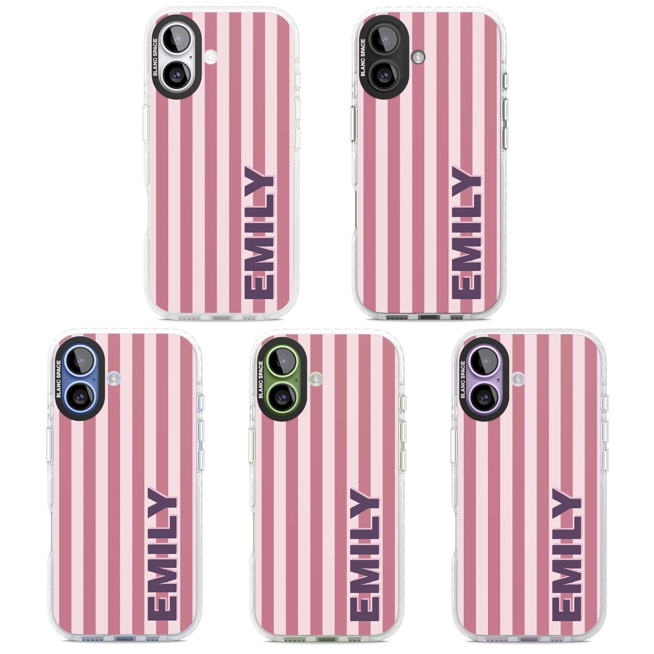 Victoria Stripe personalised iPhone case featuring pink vertical stripes and custom name in bold plum lettering | Black Impact case for iPhone 17