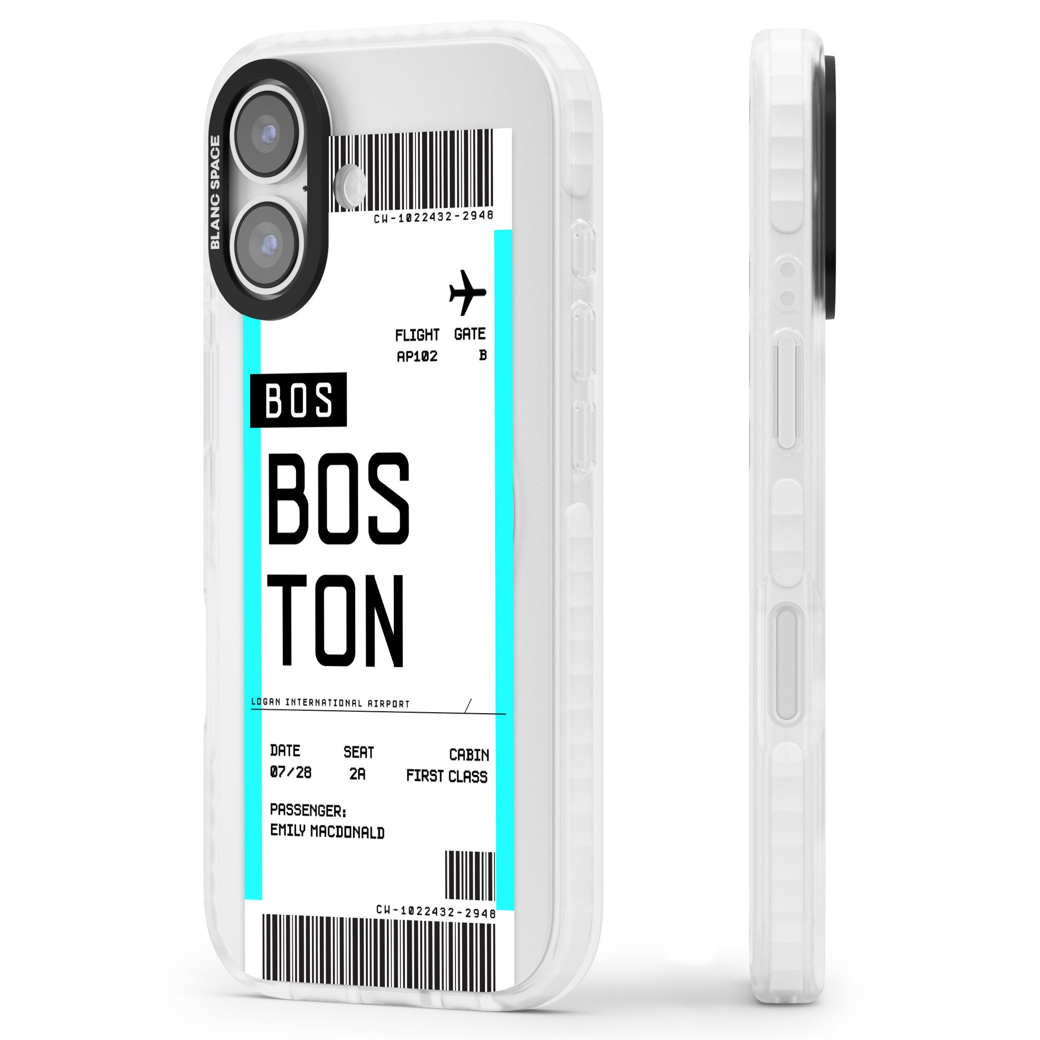 Personalised Boston Boarding Pass iPhone 17 Impact Clear Phone Case Side Profile