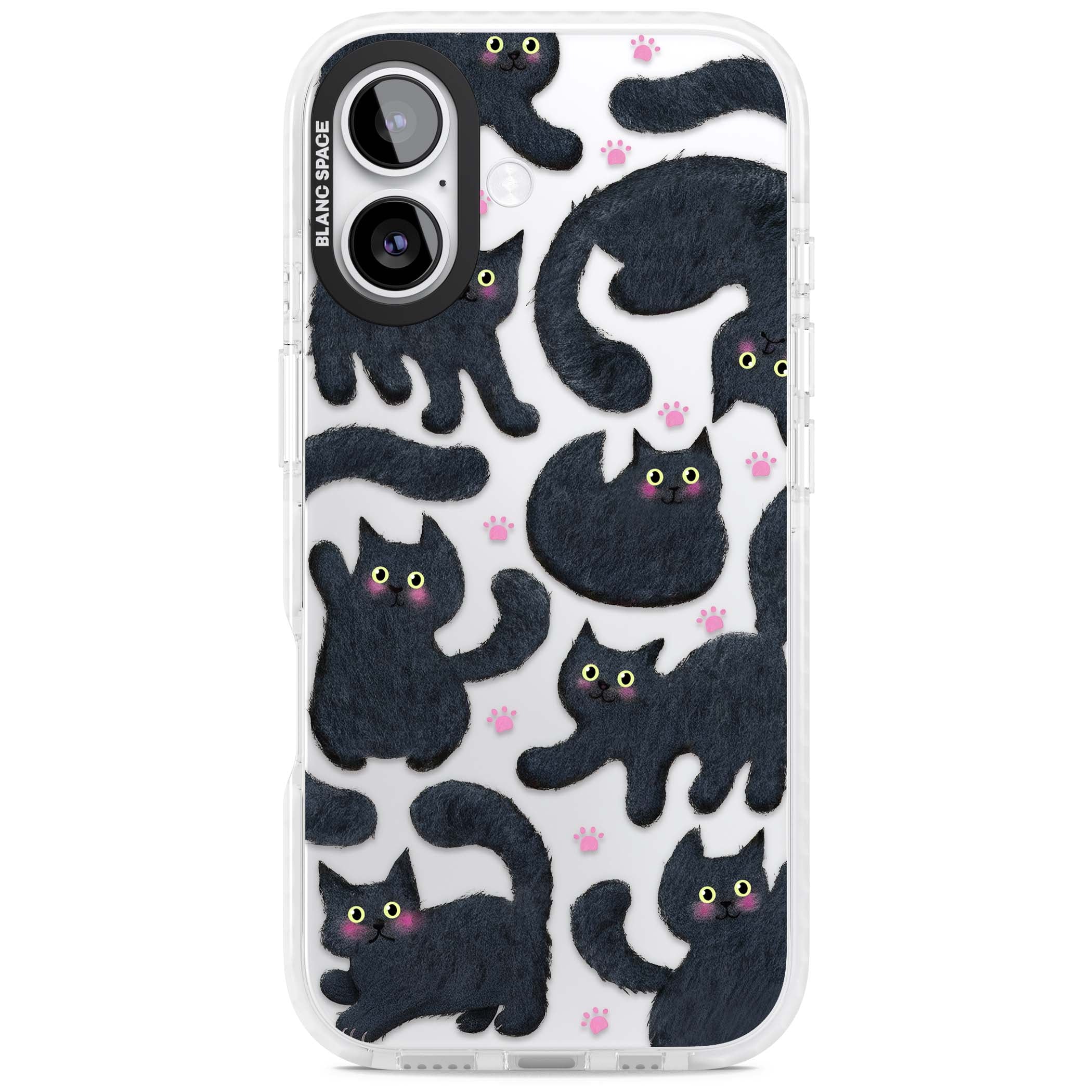 Midnight Cats cute iPhone case featuring black cat pattern with yellow eyes and pink paw prints | Black Impact case for iPhone 17