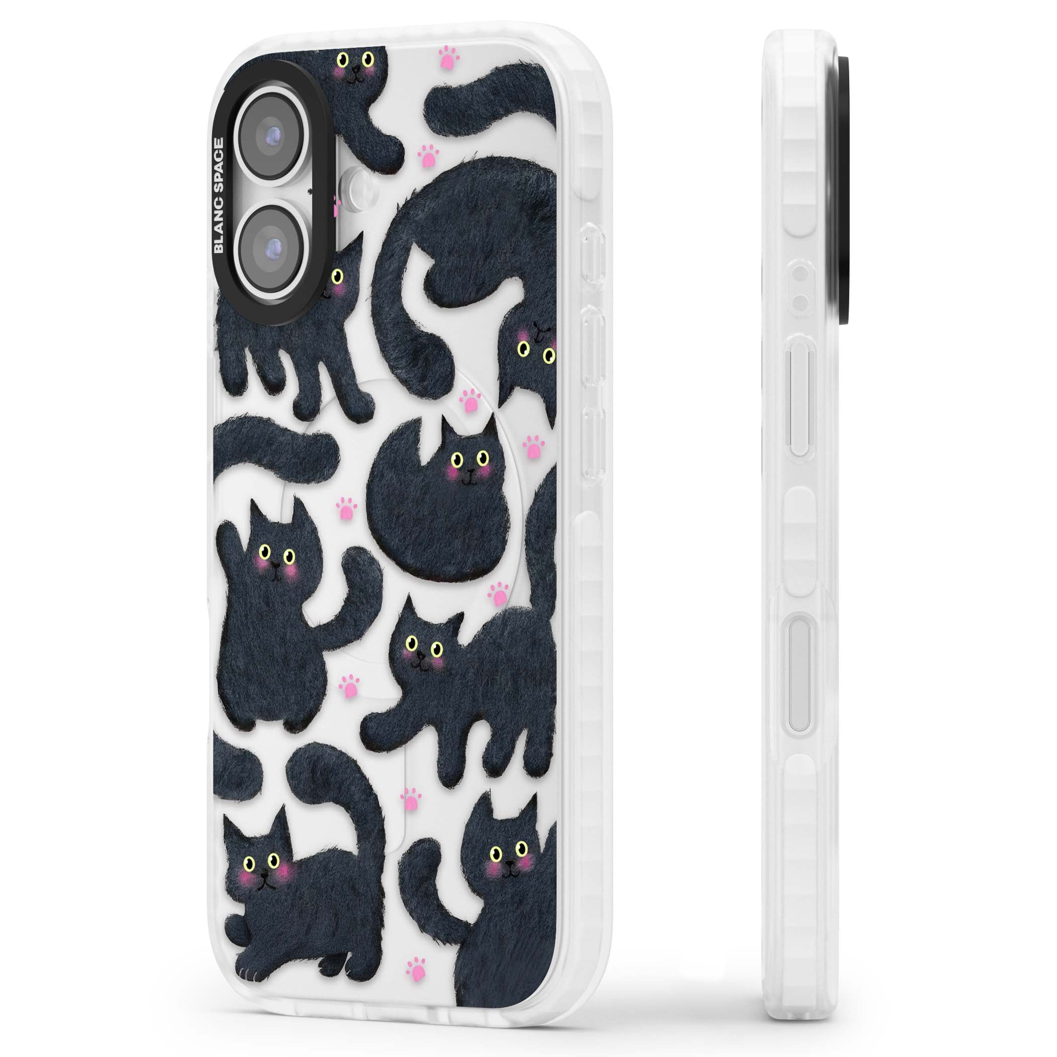 Midnight Cats cute iPhone case featuring black cat pattern with yellow eyes and pink paw prints | Black Impact case for iPhone 17