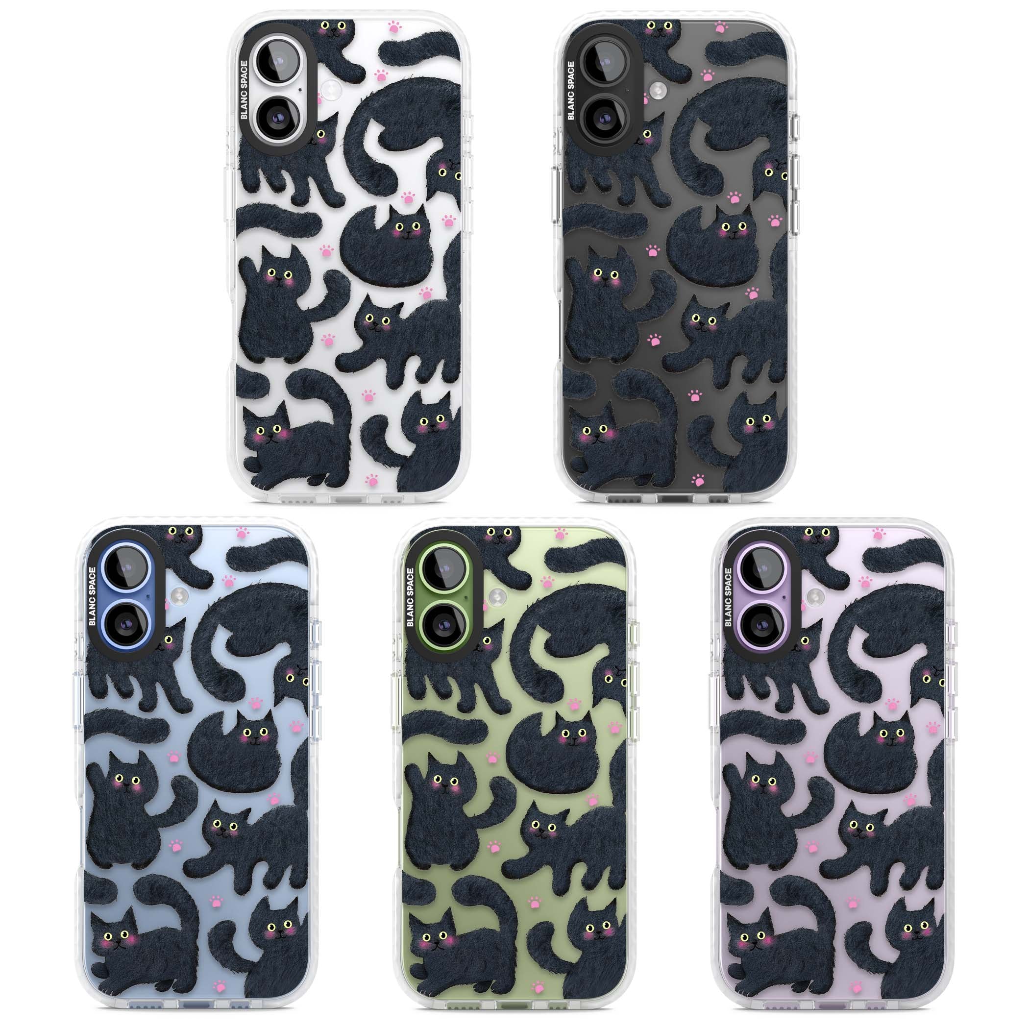 Midnight Cats cute iPhone case featuring black cat pattern with yellow eyes and pink paw prints | Black Impact case for iPhone 17
