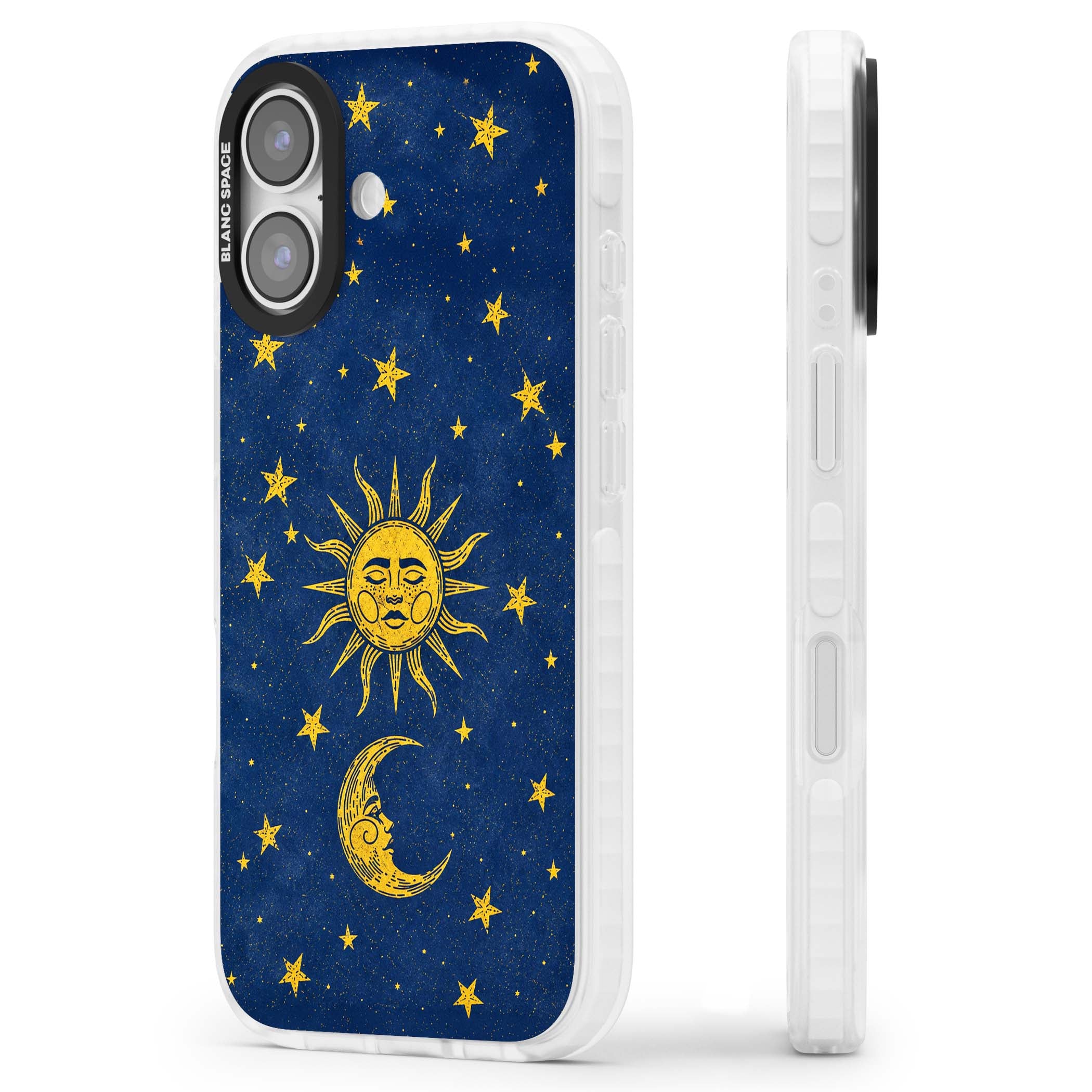 Sun & Moon Reverie celestial iPhone case featuring a vintage golden sun, crescent moon and scattered stars on midnight blue | Black Impact case for iPhone 17