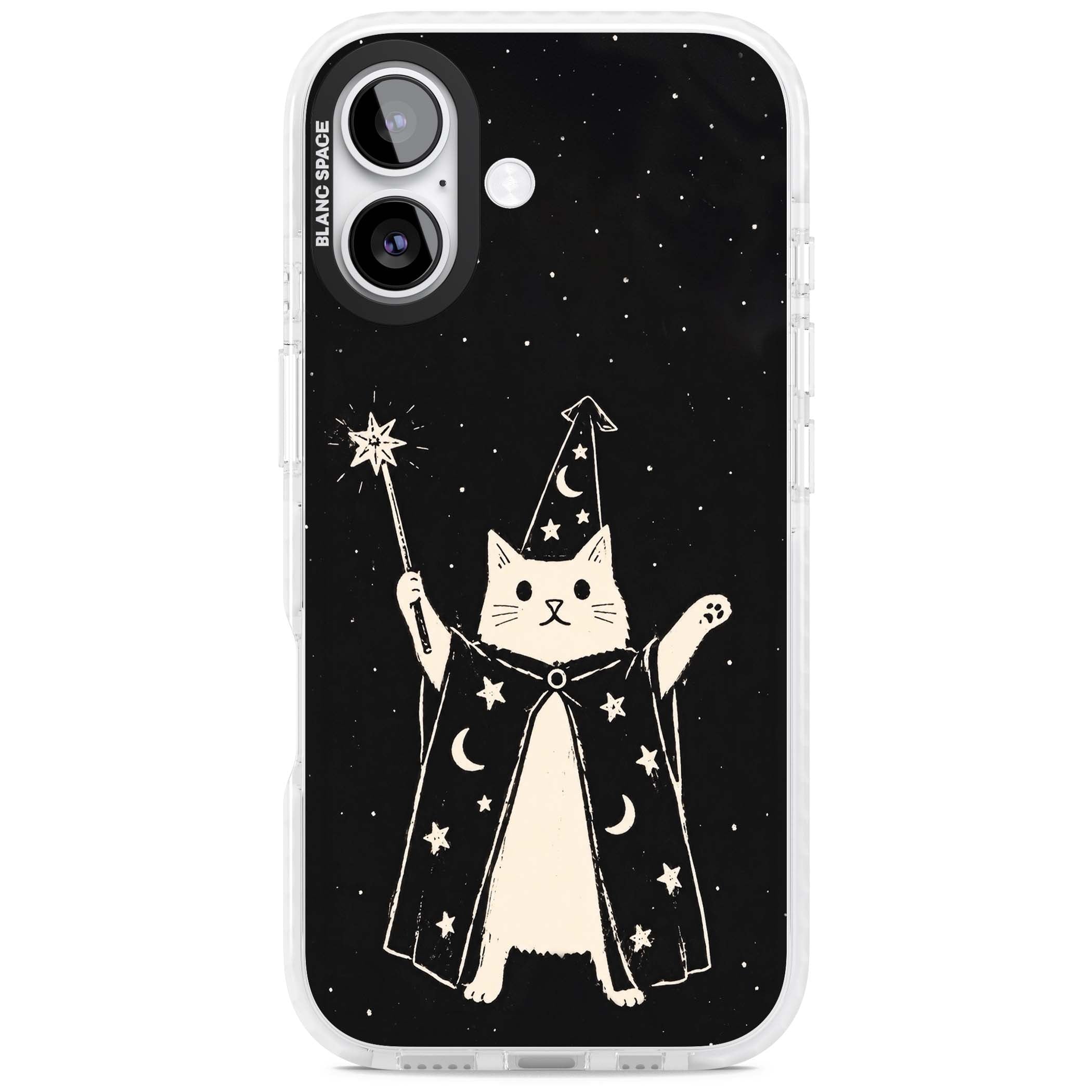 Whisker Wizard celestial cat iPhone case featuring a wizard cat with magic wand, starry night sky and crescent moons | Black Impact case for iPhone 17