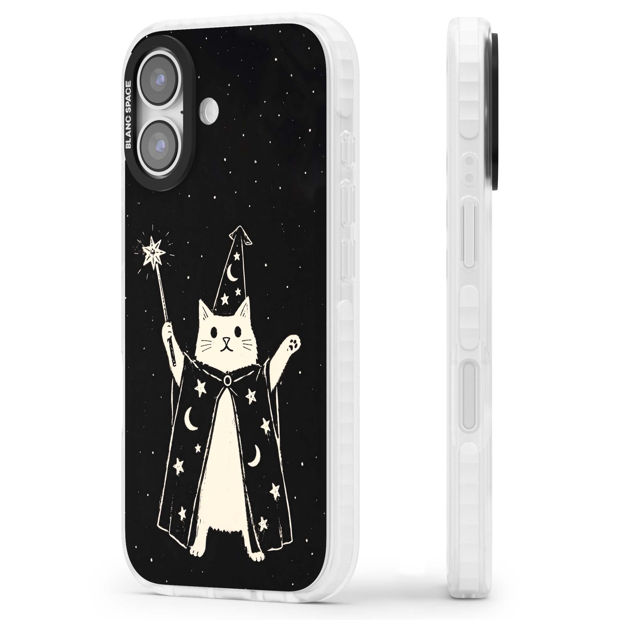 Whisker Wizard celestial cat iPhone case featuring a wizard cat with magic wand, starry night sky and crescent moons | Black Impact case for iPhone 17