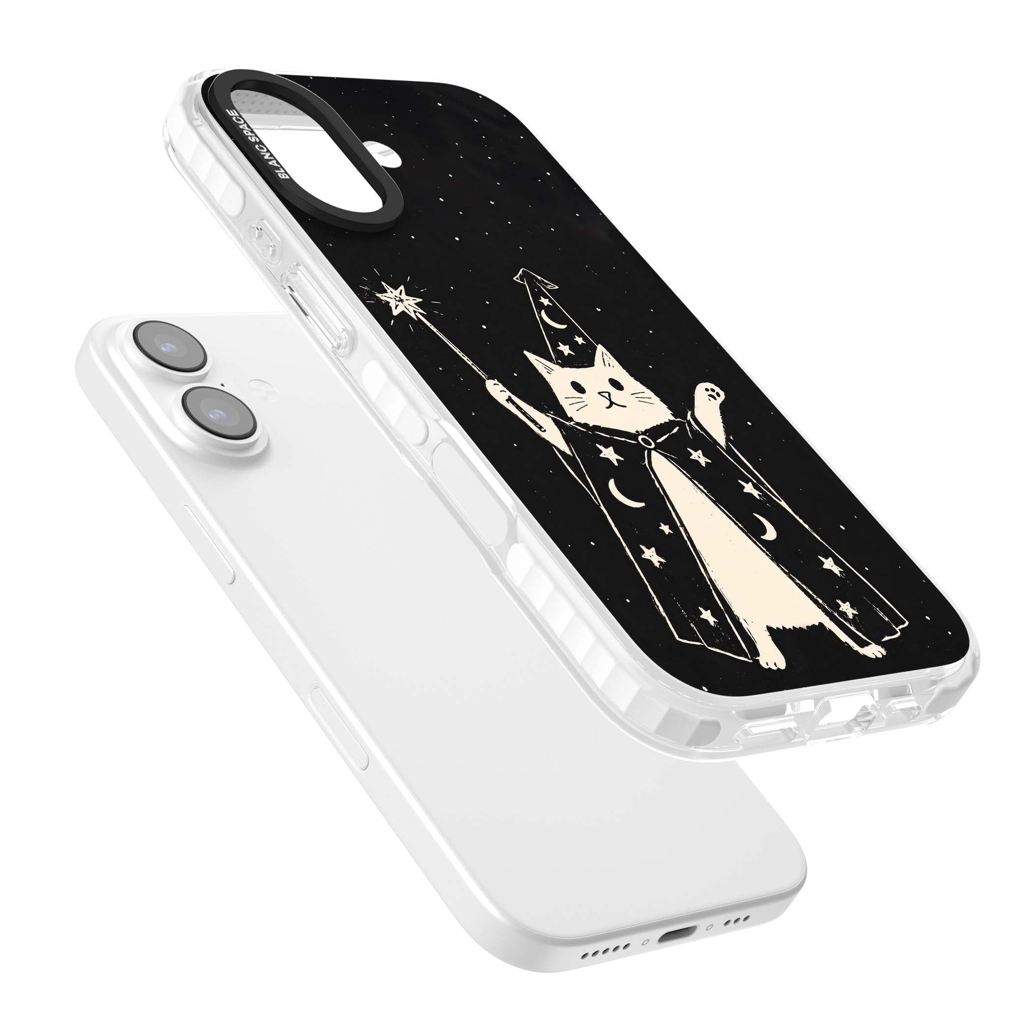 Whisker Wizard celestial cat iPhone case featuring a wizard cat with magic wand, starry night sky and crescent moons | Black Impact case for iPhone 17