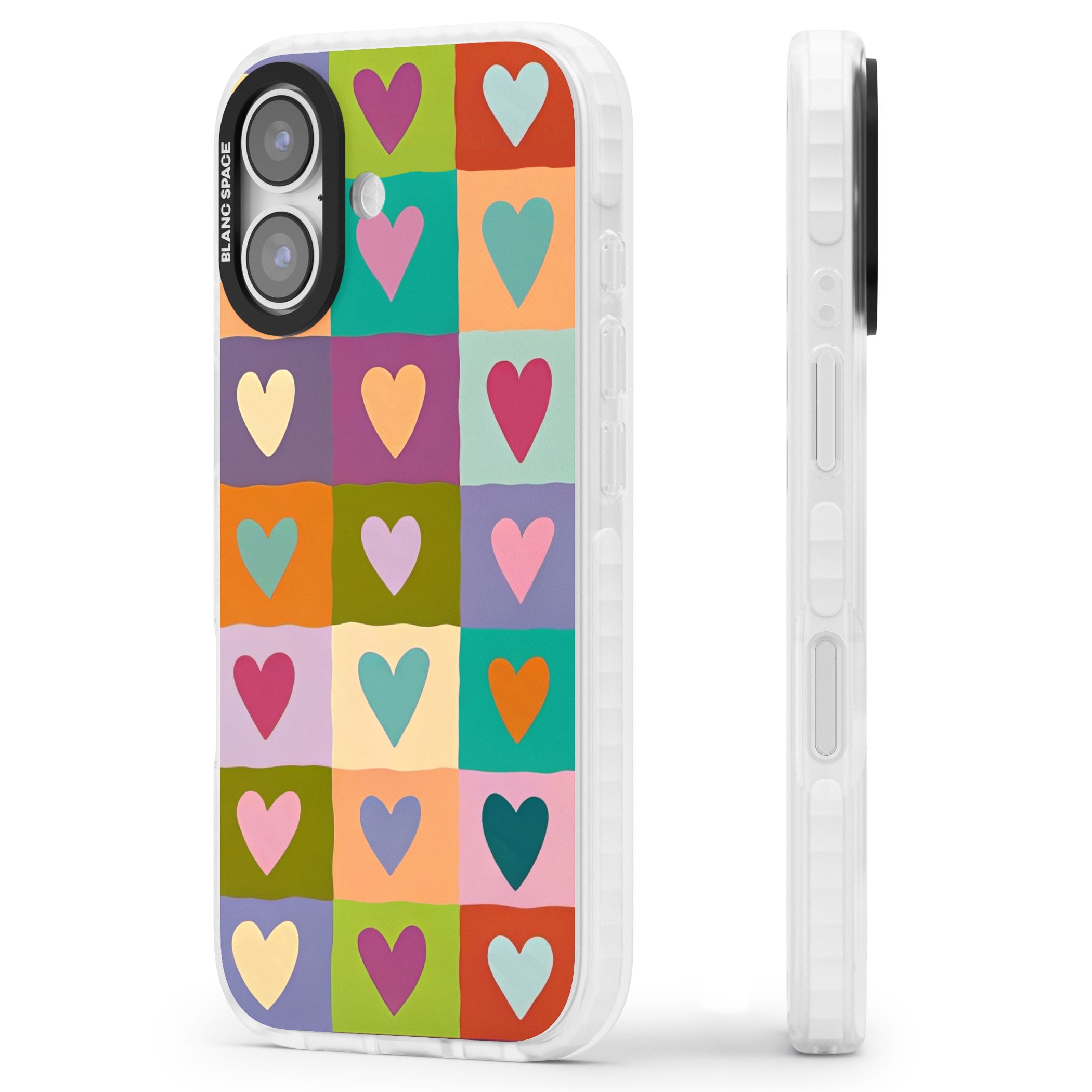 Multicolour Checked Hearts iPhone 17 Impact Clear Phone Case Side Profile