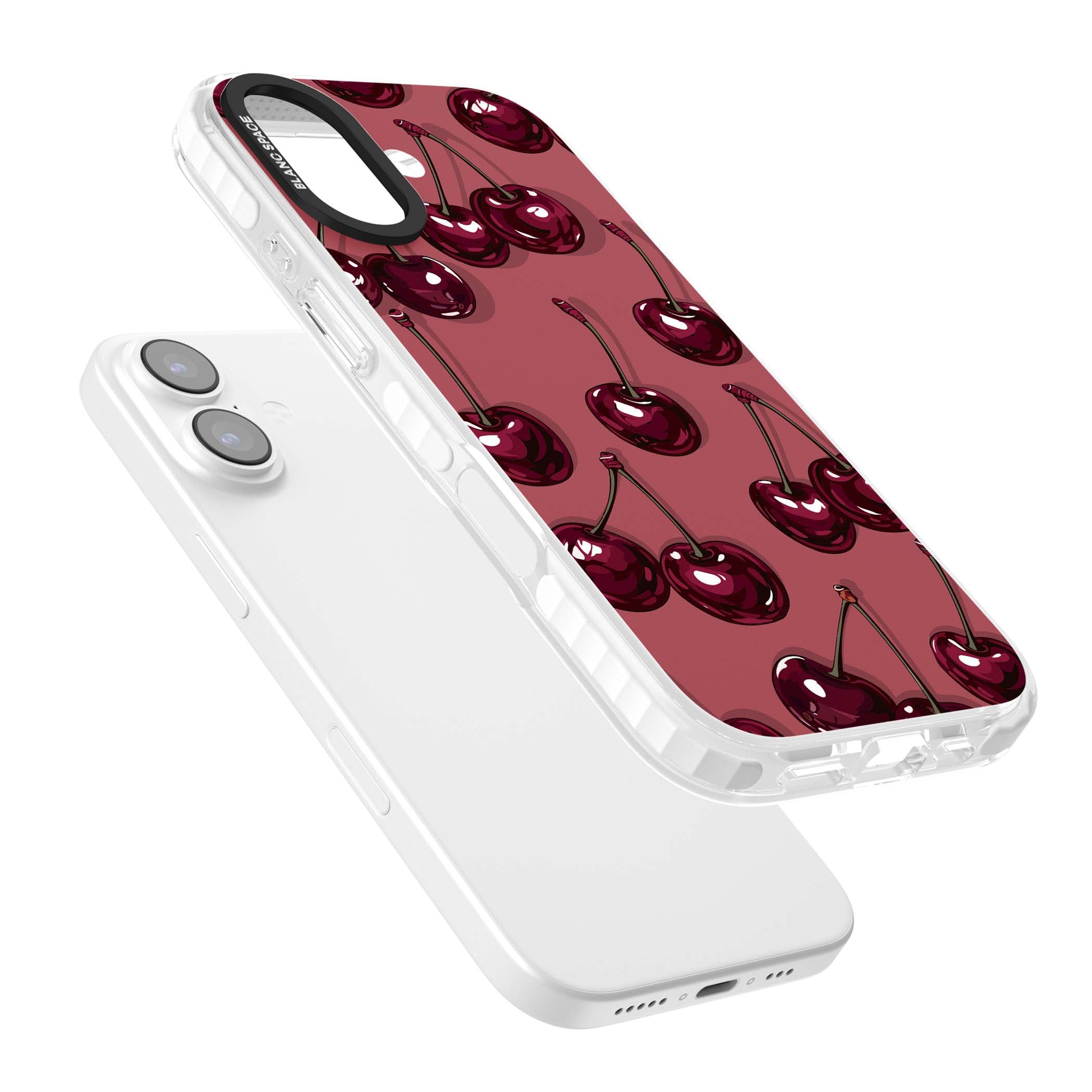 Cherry Rebel coquette iPhone case featuring glossy burgundy cherries on a dusty rose background | Black Impact case for iPhone 17