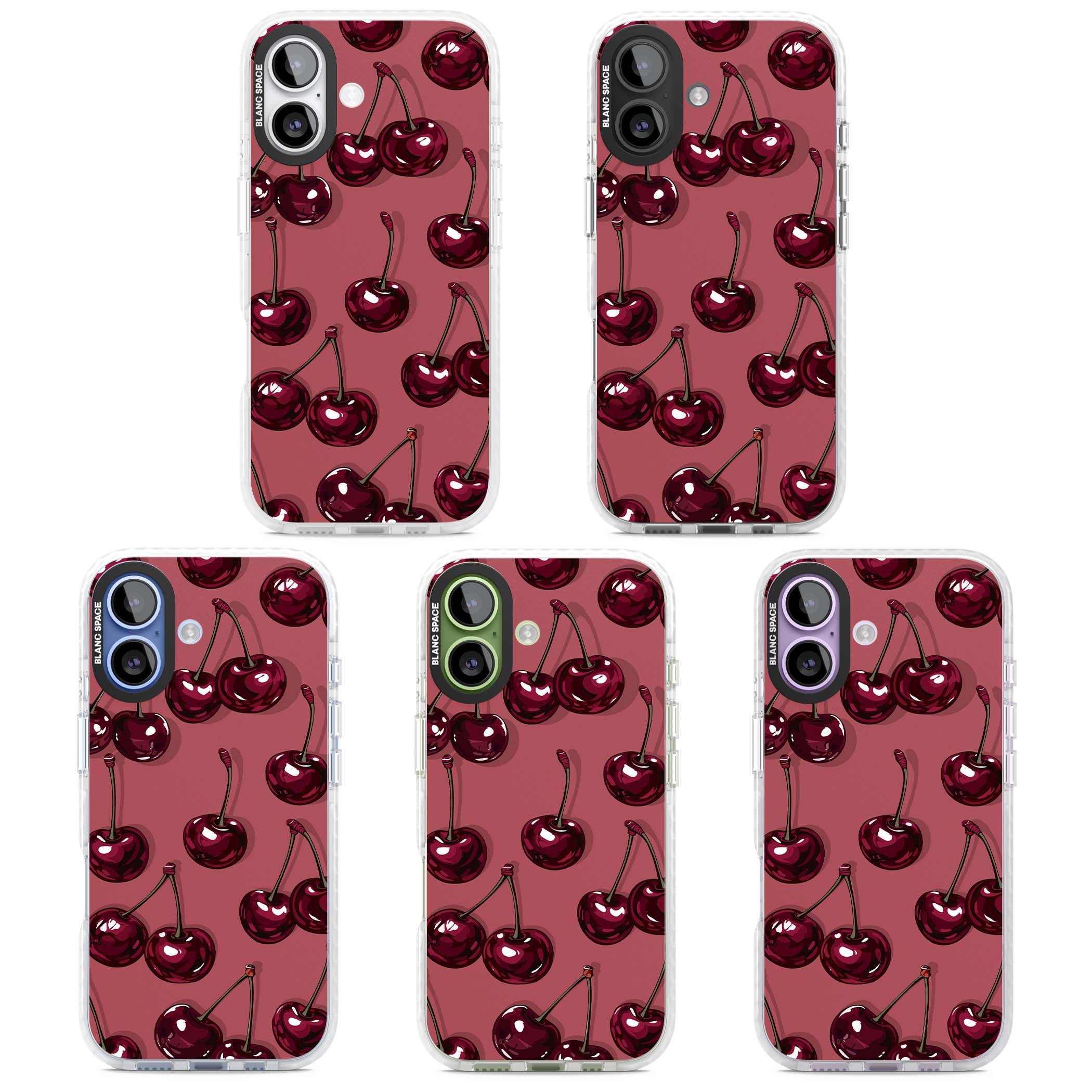 Cherry Rebel coquette iPhone case featuring glossy burgundy cherries on a dusty rose background | Black Impact case for iPhone 17