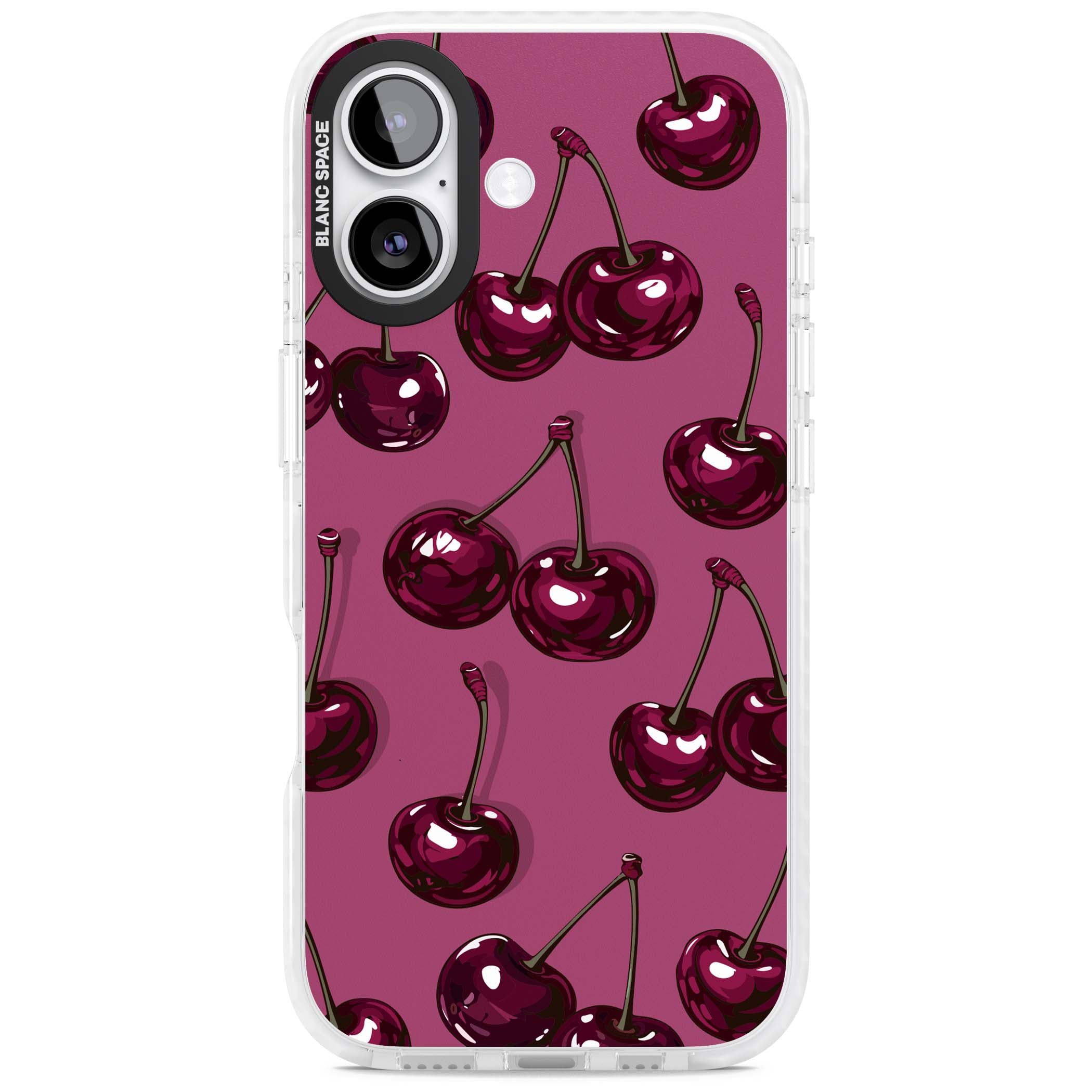 Cherry Soda coquette iPhone case featuring glossy burgundy cherries on a dusty pink background | Black Impact case for iPhone 17