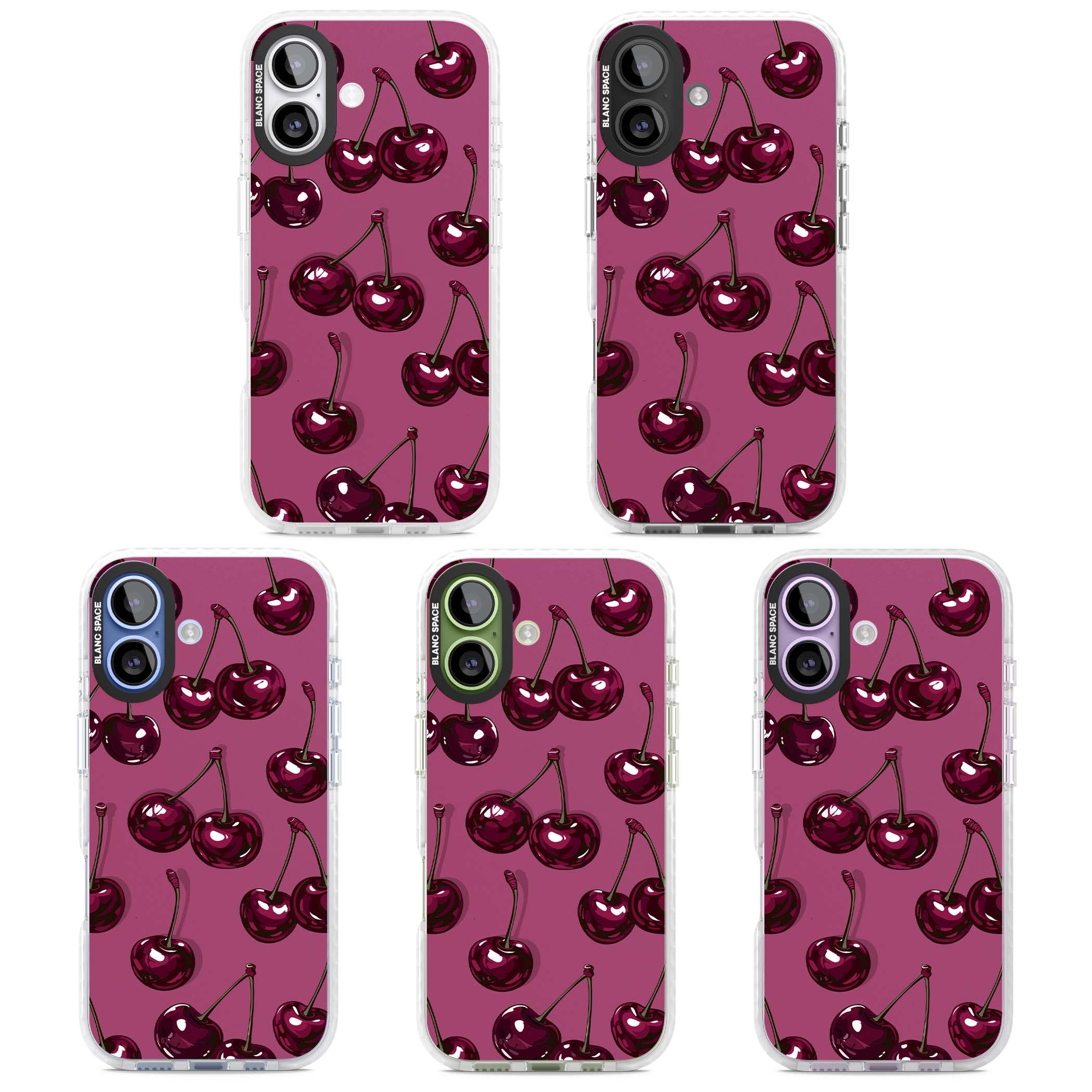 Cherry Soda coquette iPhone case featuring glossy burgundy cherries on a dusty pink background | Black Impact case for iPhone 17