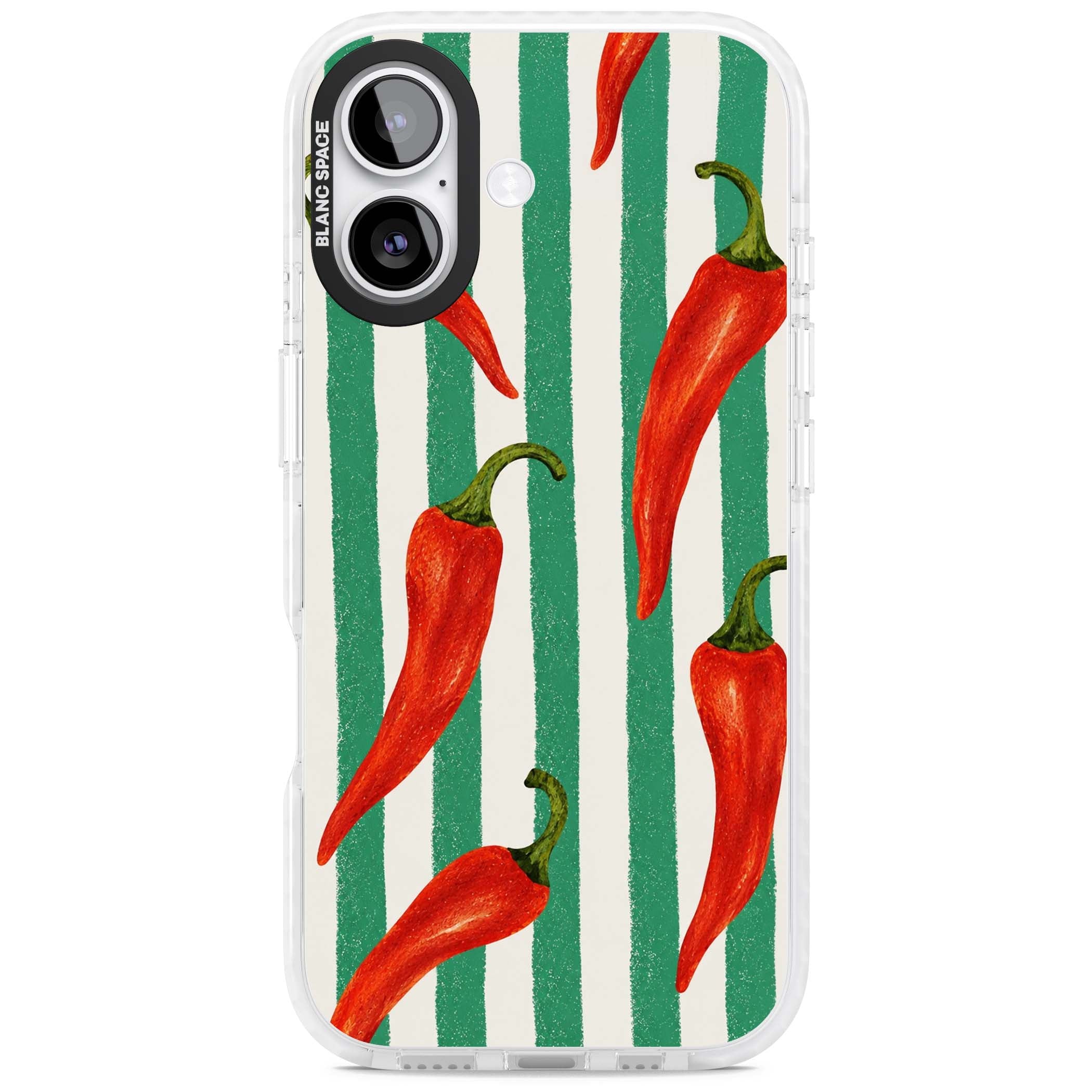 Striped Chillis coastal iPhone case featuring hand-painted red chili peppers on green and cream stripes | Black Impact case for iPhone 17