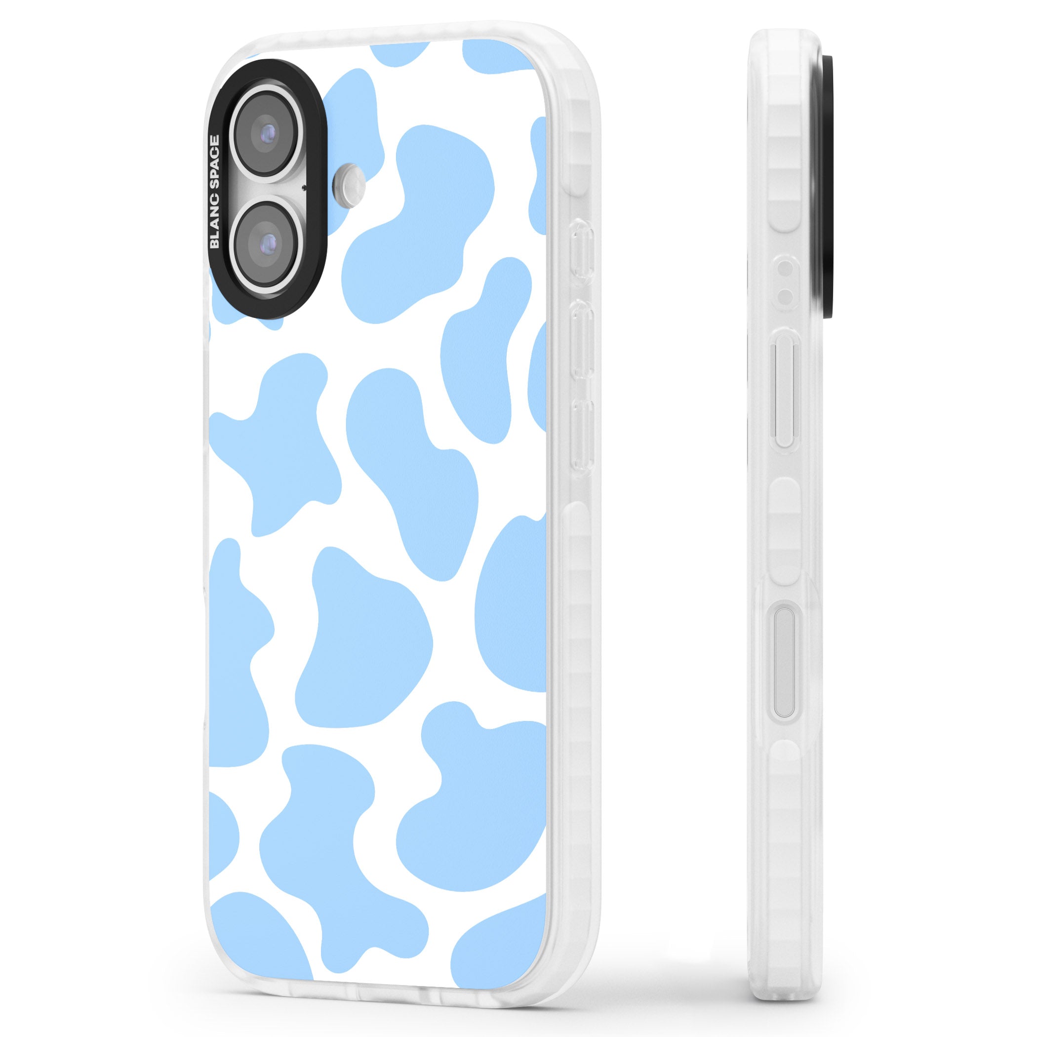 Blue And White Cow Print iPhone 17 Impact Clear Phone Case Side Profile