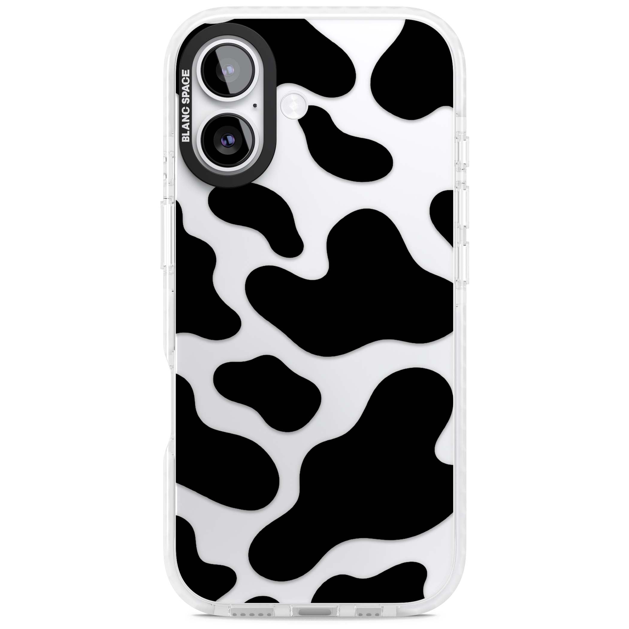 Clear Cow Print cow print iPhone case featuring black and white cow pattern splotches on a clear background | Black Impact case for iPhone 17