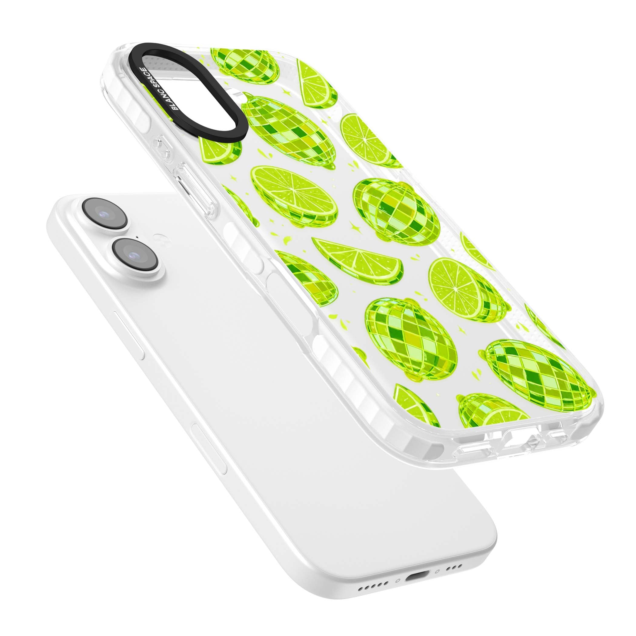 Disco Limes fruit aesthetic iPhone case featuring green disco balls, lime slices and citrus sparkles | Black Impact case for iPhone 17