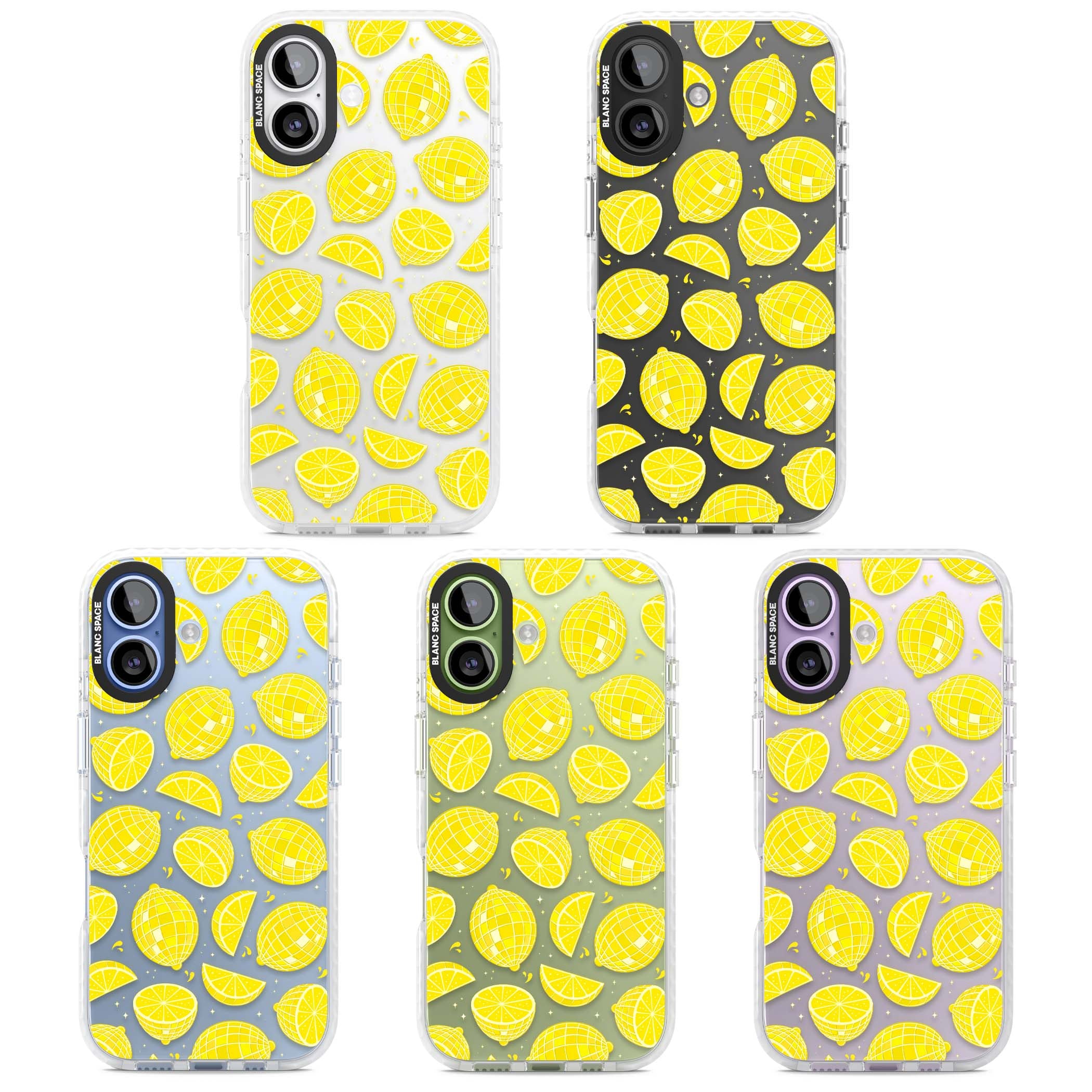 Disco Lemons citrus iPhone case featuring mirrorball lemons, sliced fruit and sparkle accents | Black Impact case for iPhone 17