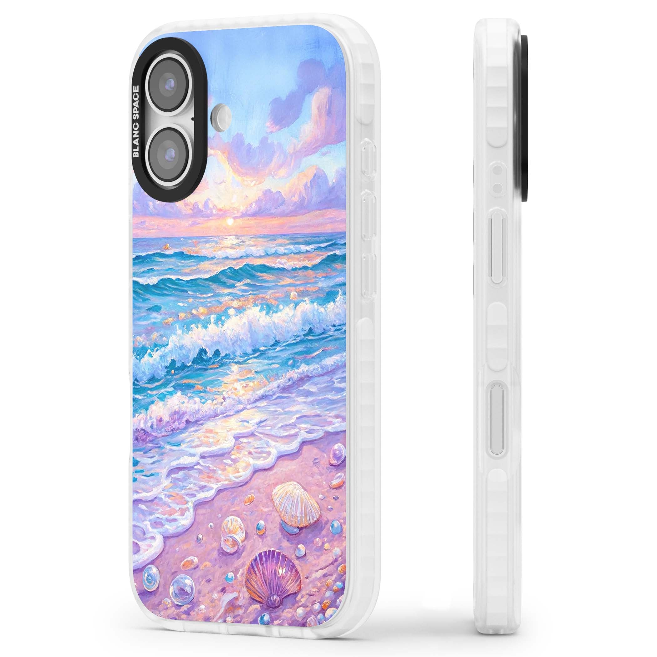 Pearl Shore coastal iPhone case featuring pastel painted waves, seashells, and a sunrise sky over a lavender beach. | Black Impact case for iPhone 17