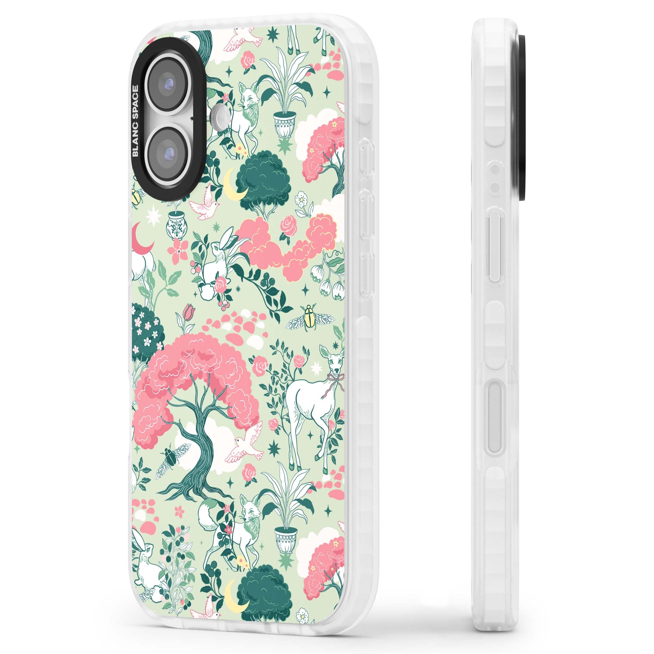 Enchanted Woodland cottagecore iPhone case featuring white deer, pink roses, mushrooms and woodland animals on sage green | Black Impact case for iPhone 17