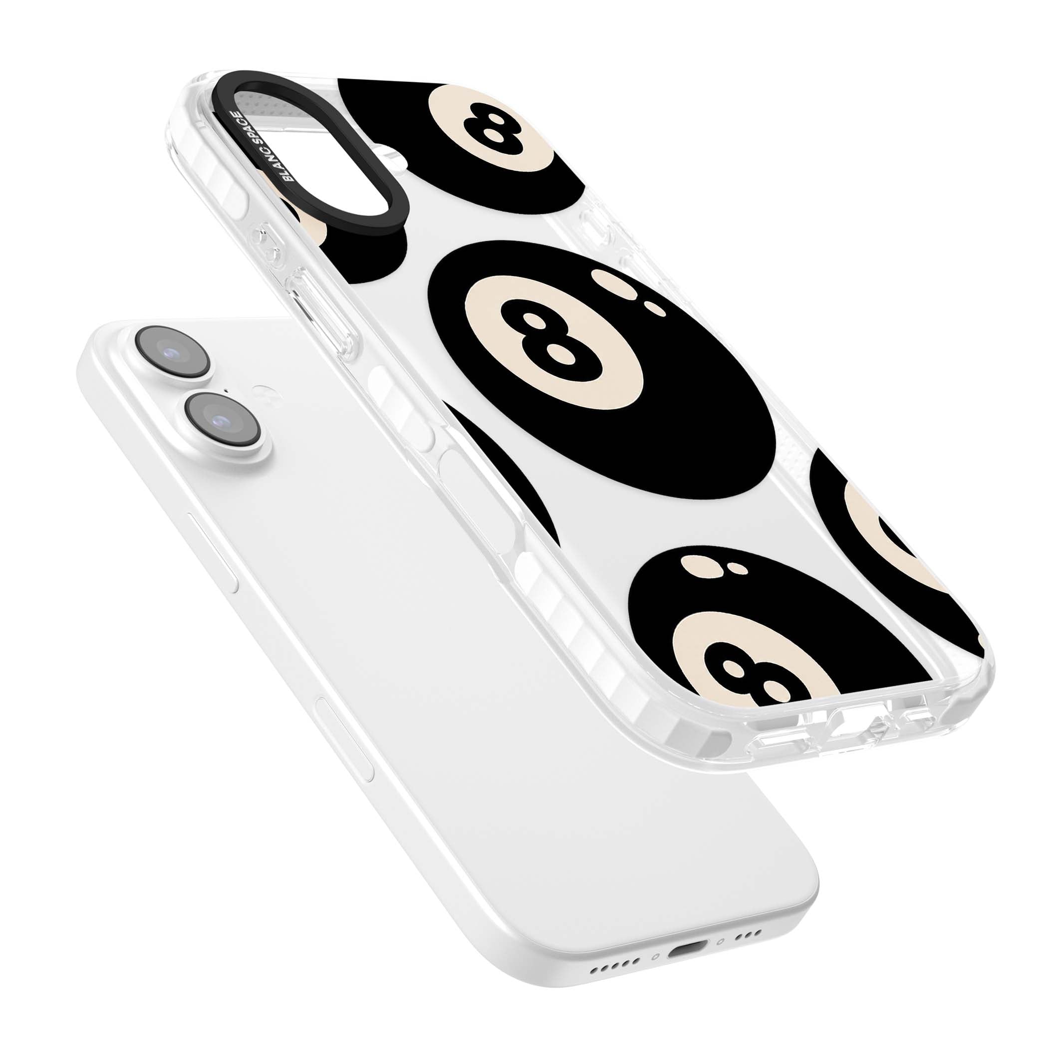 Eights y2k iPhone case featuring scattered black 8 balls with cream highlights on a clear background | Black Impact case for iPhone 17