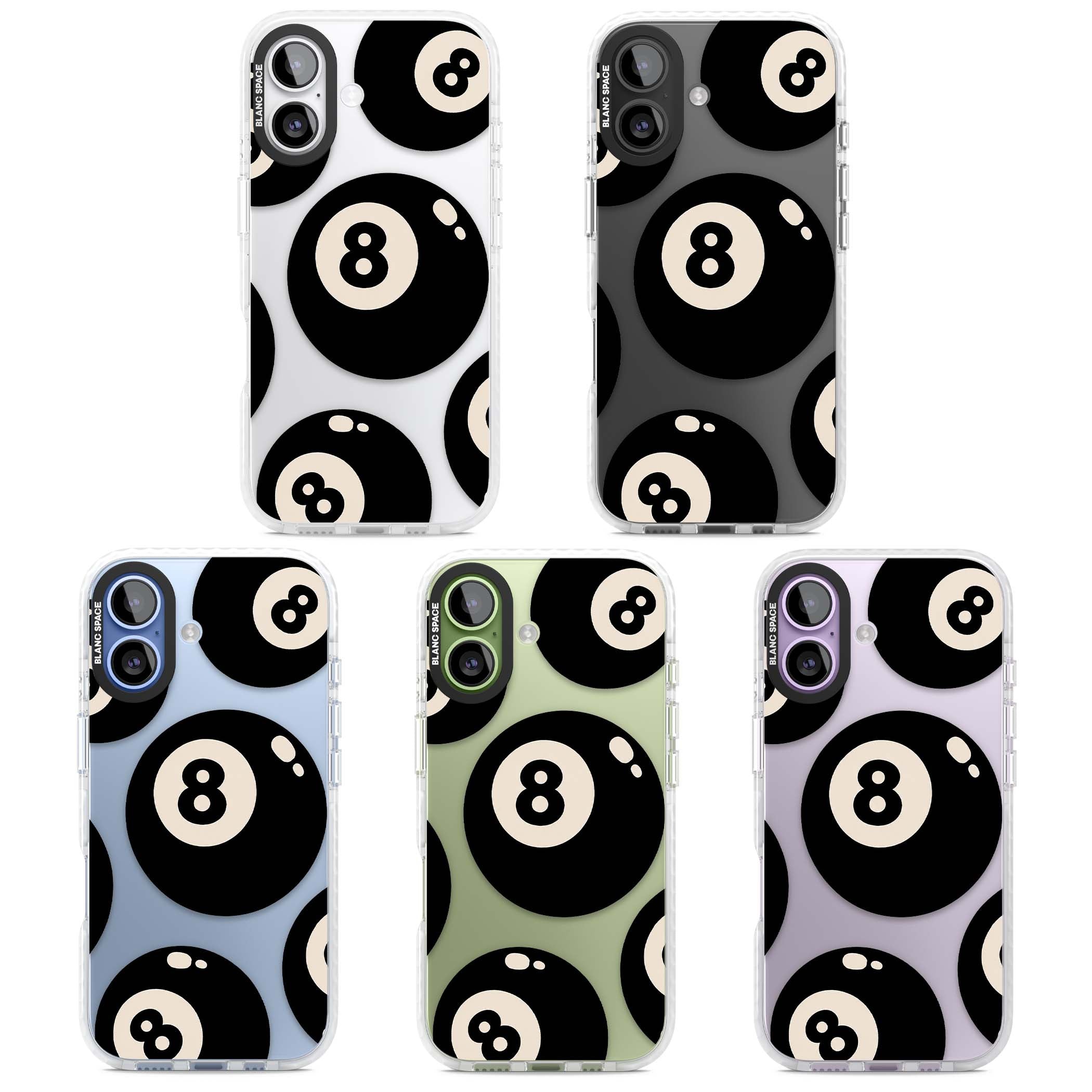 Eights y2k iPhone case featuring scattered black 8 balls with cream highlights on a clear background | Black Impact case for iPhone 17